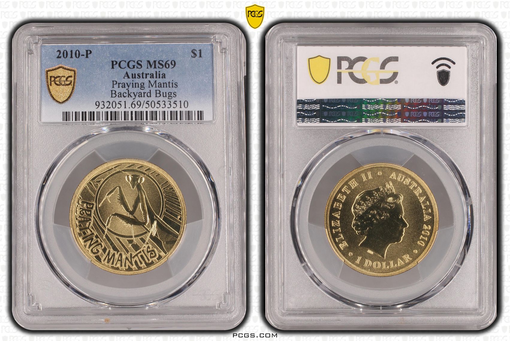 Praying Mantis Backyard Bugs, POP 4/0, One Dollar, 2010-P, PCGS MS69
