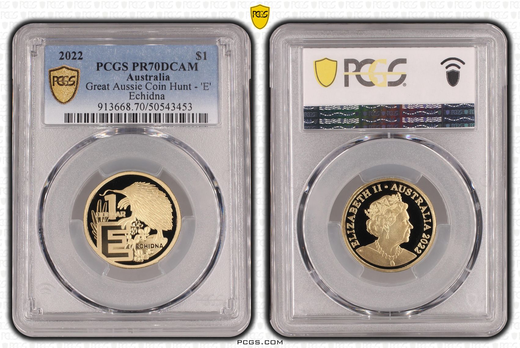 Great Aussie Coin Hunt - 'E', POP 13/0, One Dollar, 2022, PCGS PR70DCAM