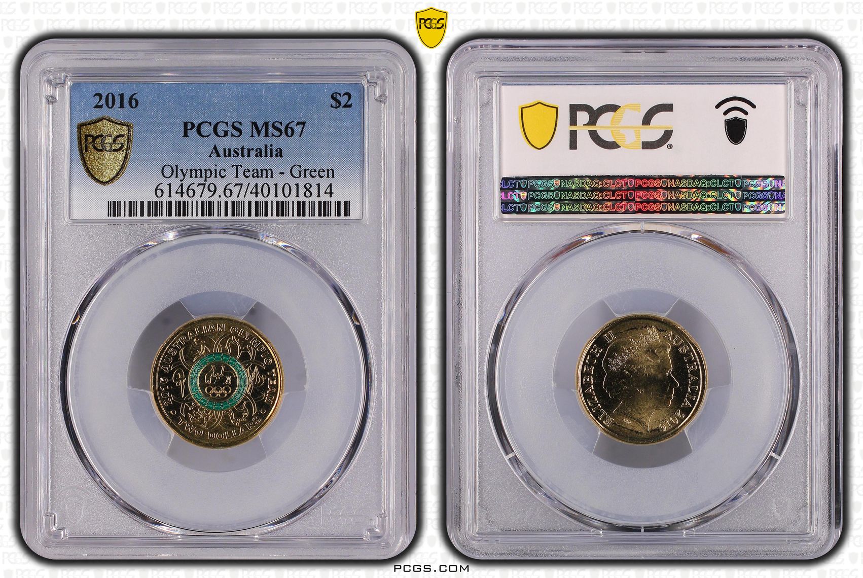 422 · Elizabeth II, Olympic Team - Green , Two Dollar, 2016, PCGS MS67
