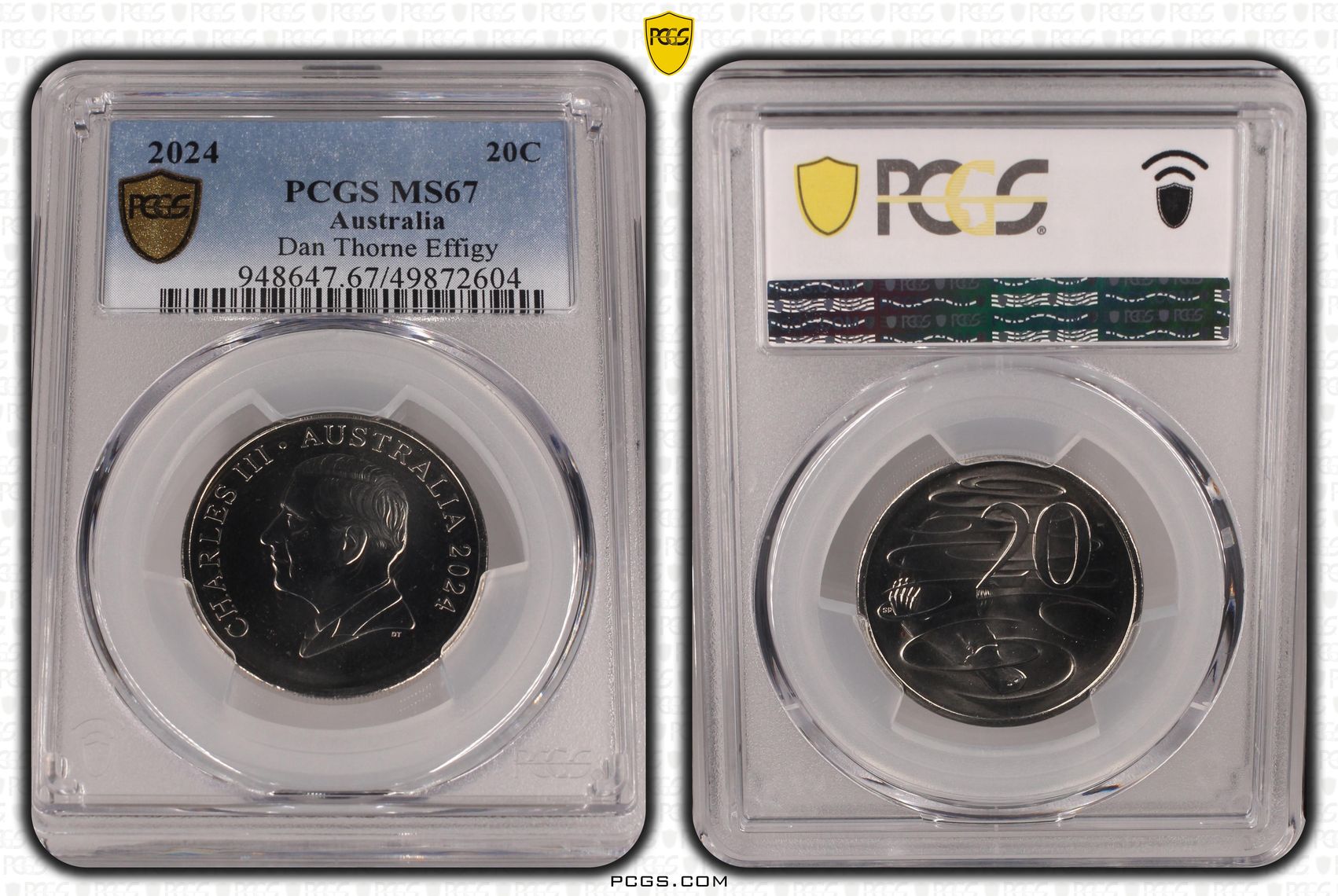 173 · Charles III, Dan Thorne Effigy , Twenty Cent, 2024, PCGS MS67