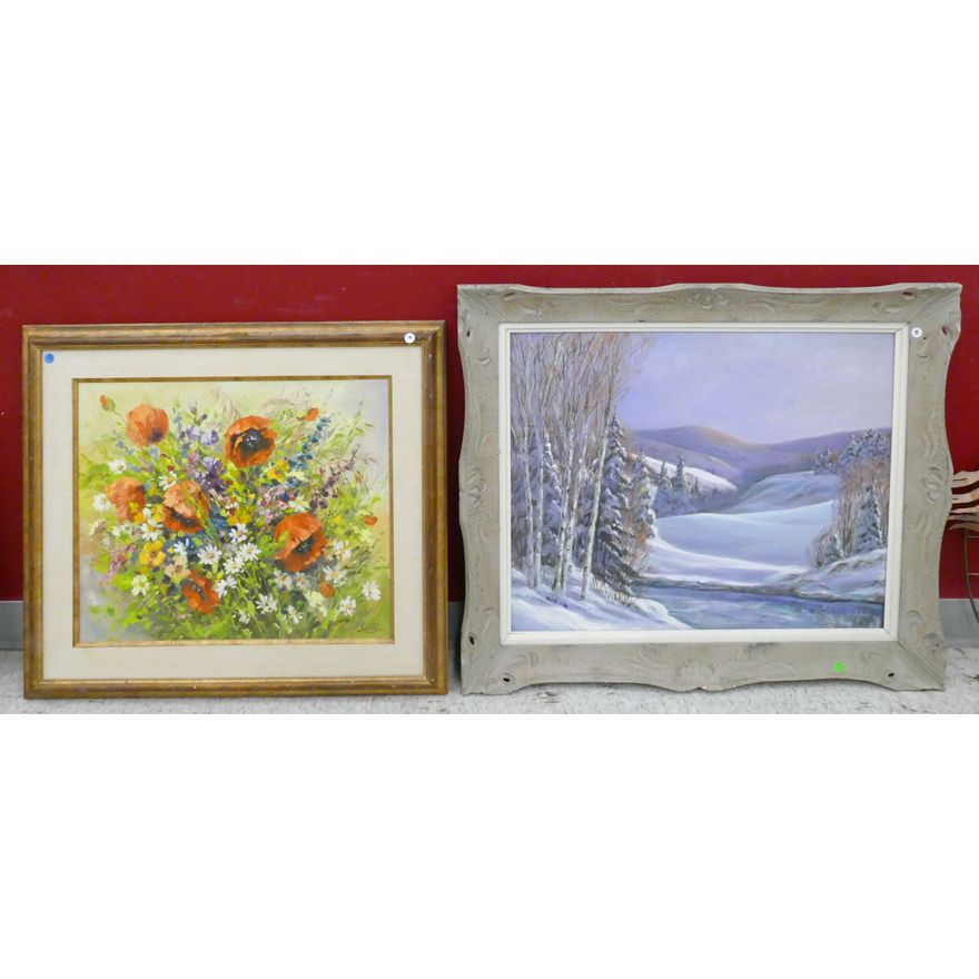 2pc Vintage Floral and Winter Scene Oil Paintings Framed 31''x37''