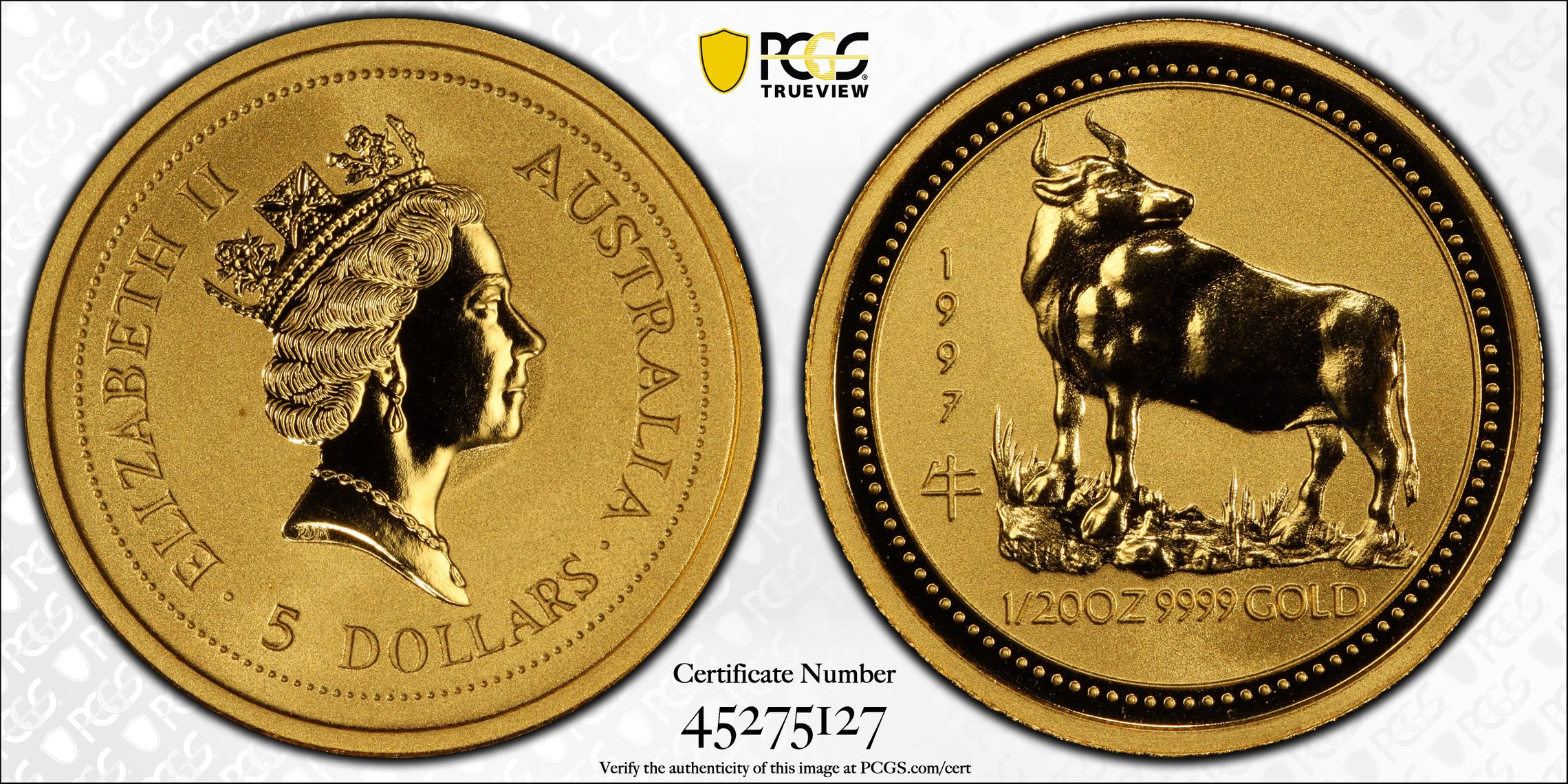 1997 Australia Five Dollar, Gold $5 Year of the Ox PCGS - MS69 -127