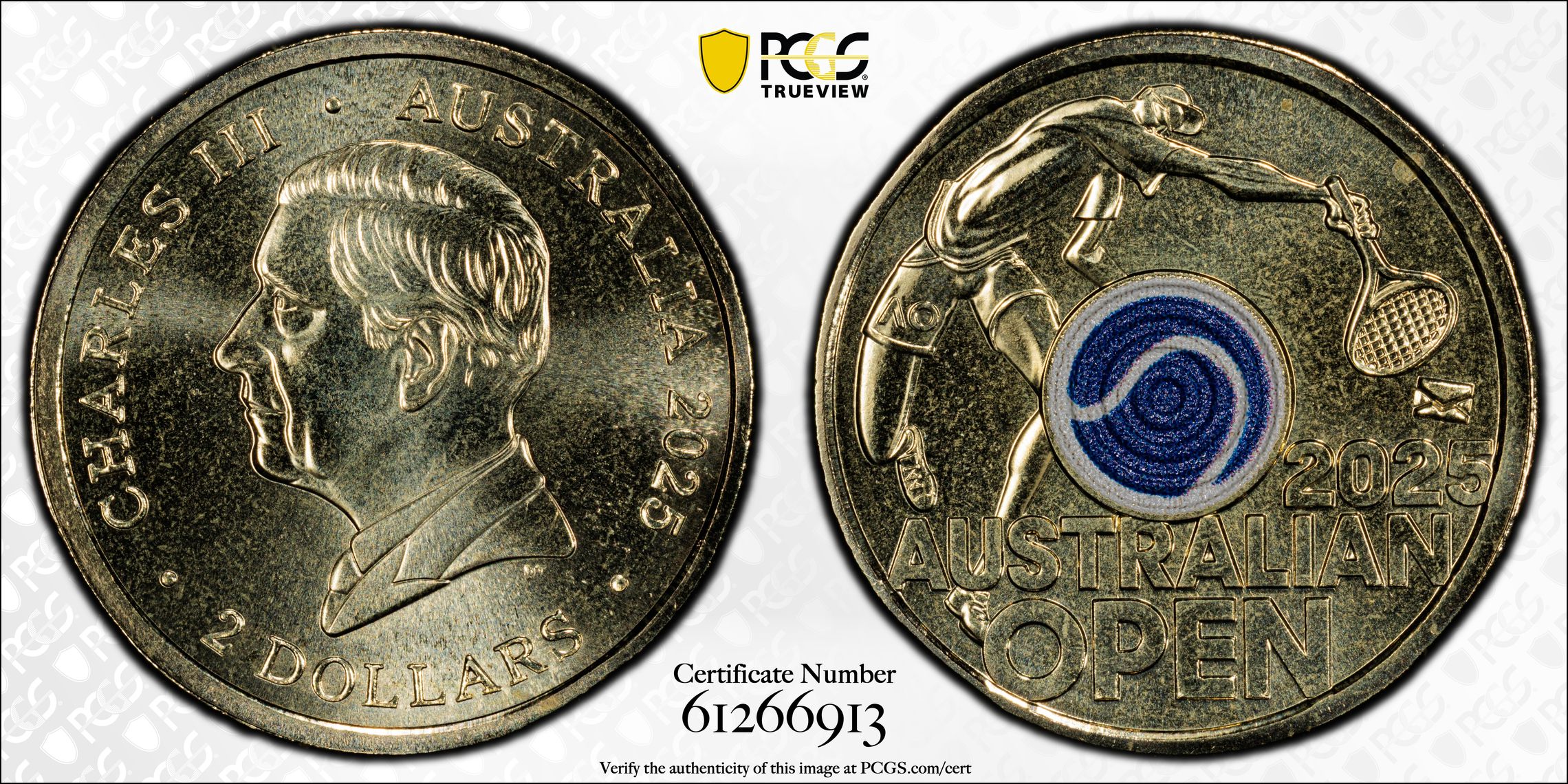Men's Australian Open Blue Envelope Privy Colourised, Two Dollar, 2025, PCGS MS68