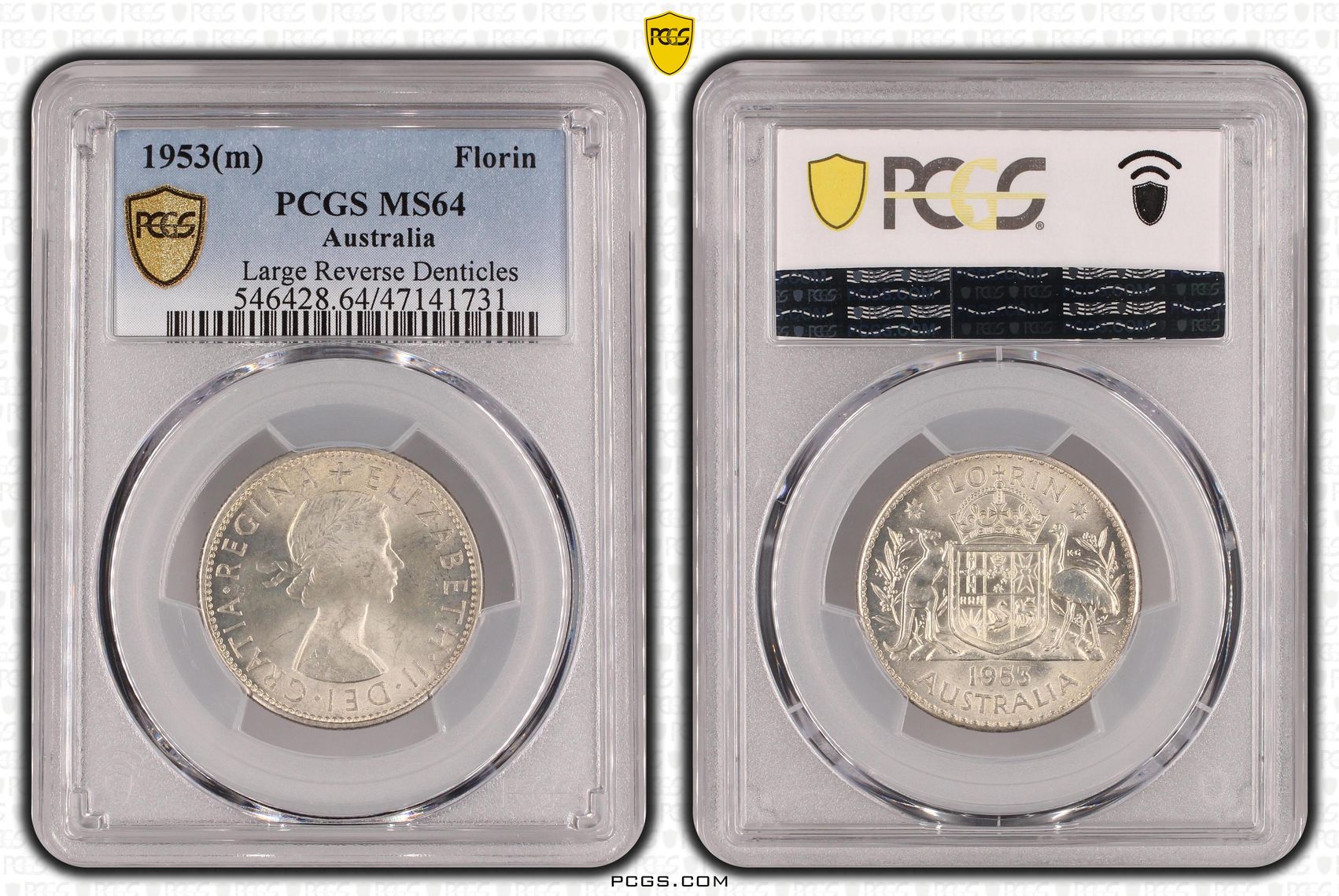 Large Reverse Denticles, Florin, 1953(m), PCGS MS 64