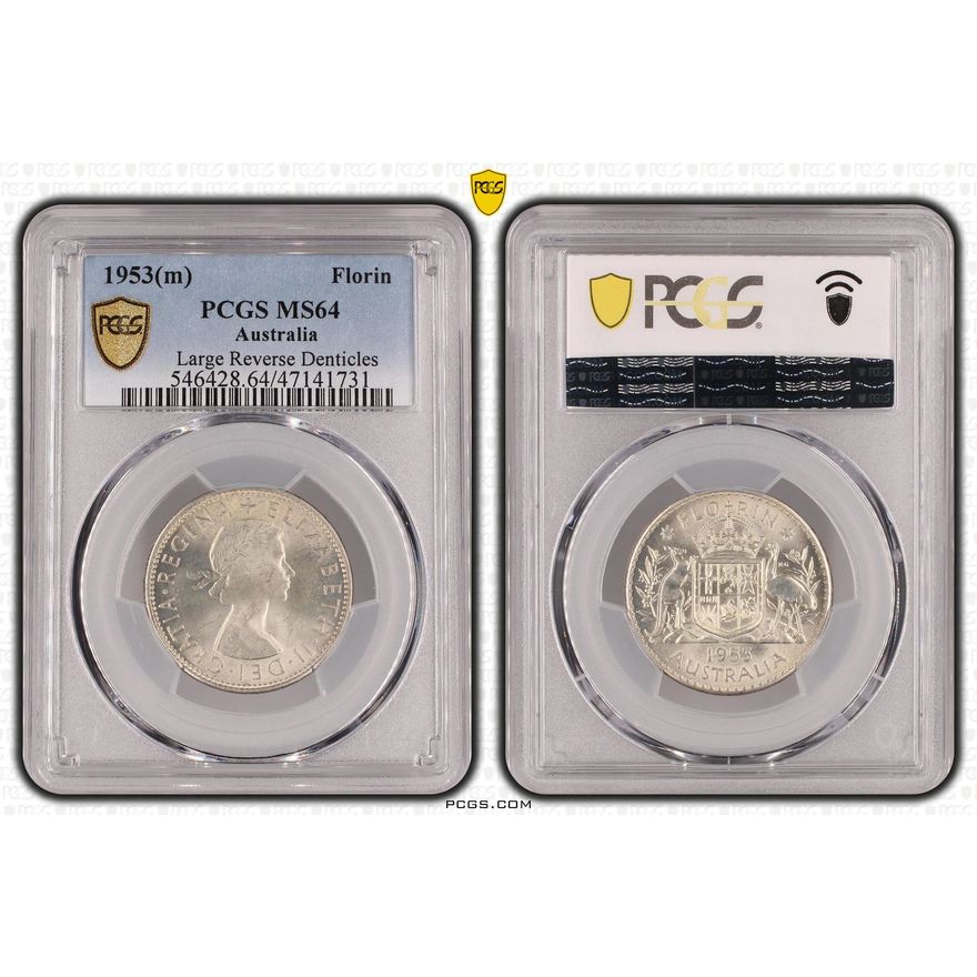 Large Reverse Denticles, Florin, 1953(m), PCGS MS 64