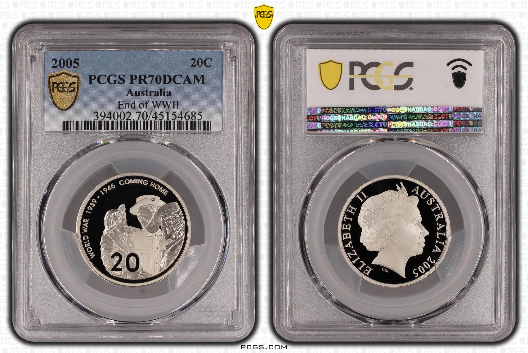 Elizabeth II, End of WWII, POP 16/0, Twenty Cent, 2005, PCGS PR70DCAM