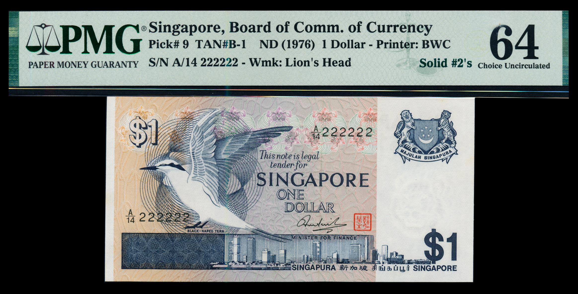 Singapore Bird 1976 $1 Solid Number A/14 222222 PMG 64
