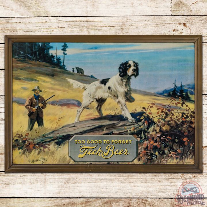 Pittsburgh Brewing Co. Tech Beer "Too Good to Forget" SS Tin Litho Sign w/ Hunt Scene