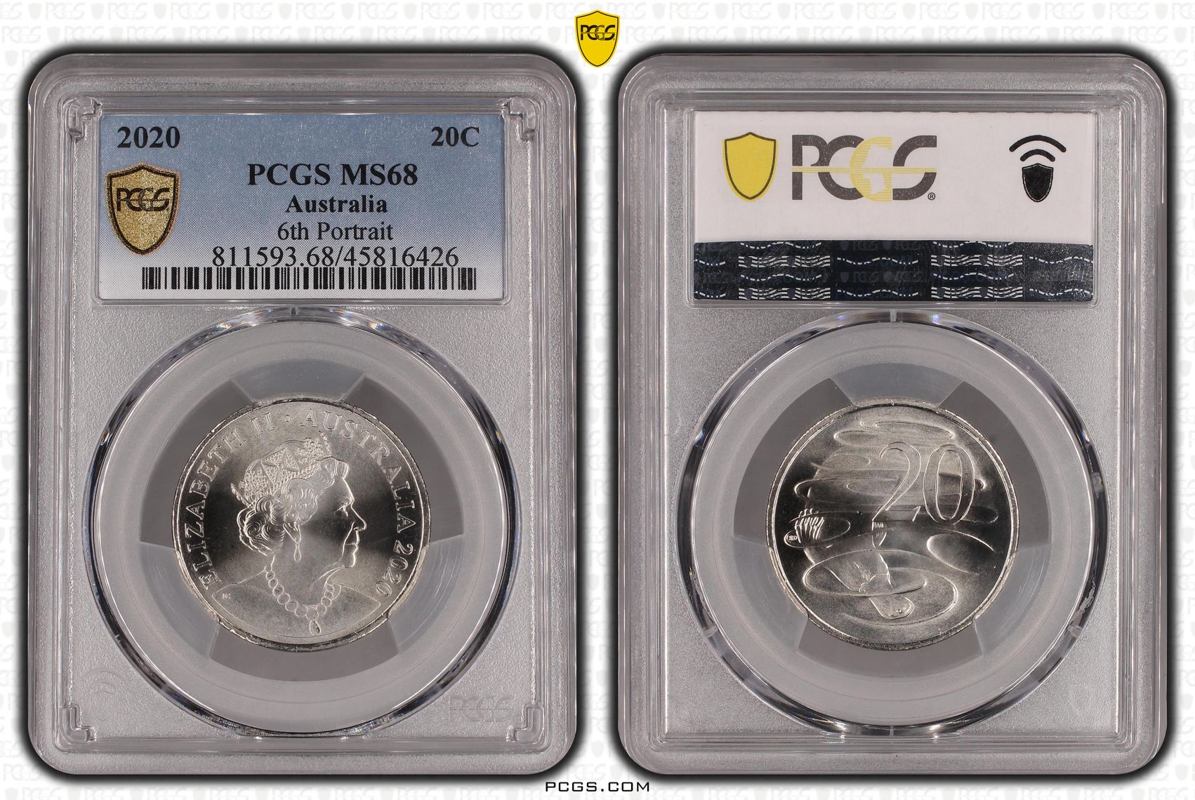 99 · 6th Portrait, POP 6/0, Twenty Cent, 2020, PCGS MS68
