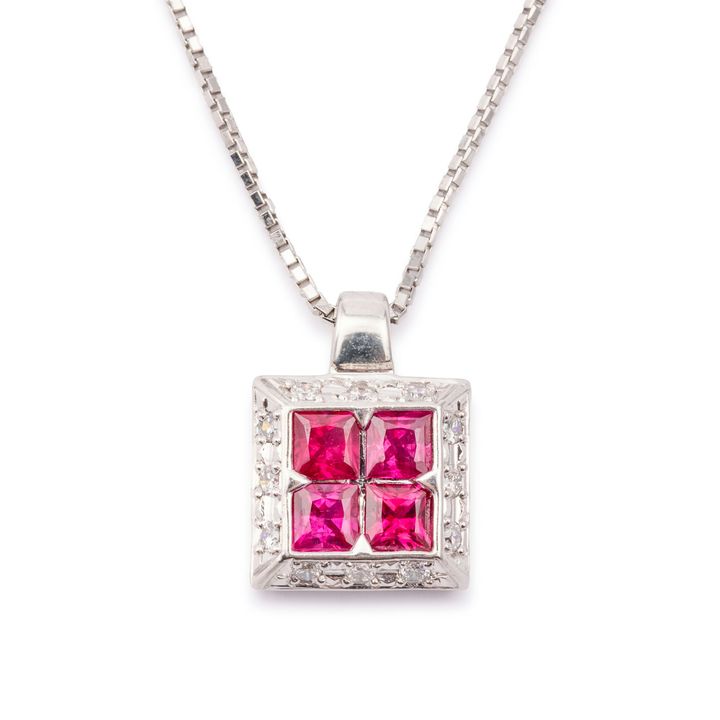 Ruby and Diamond Pendant and Box Chain in Platinum,