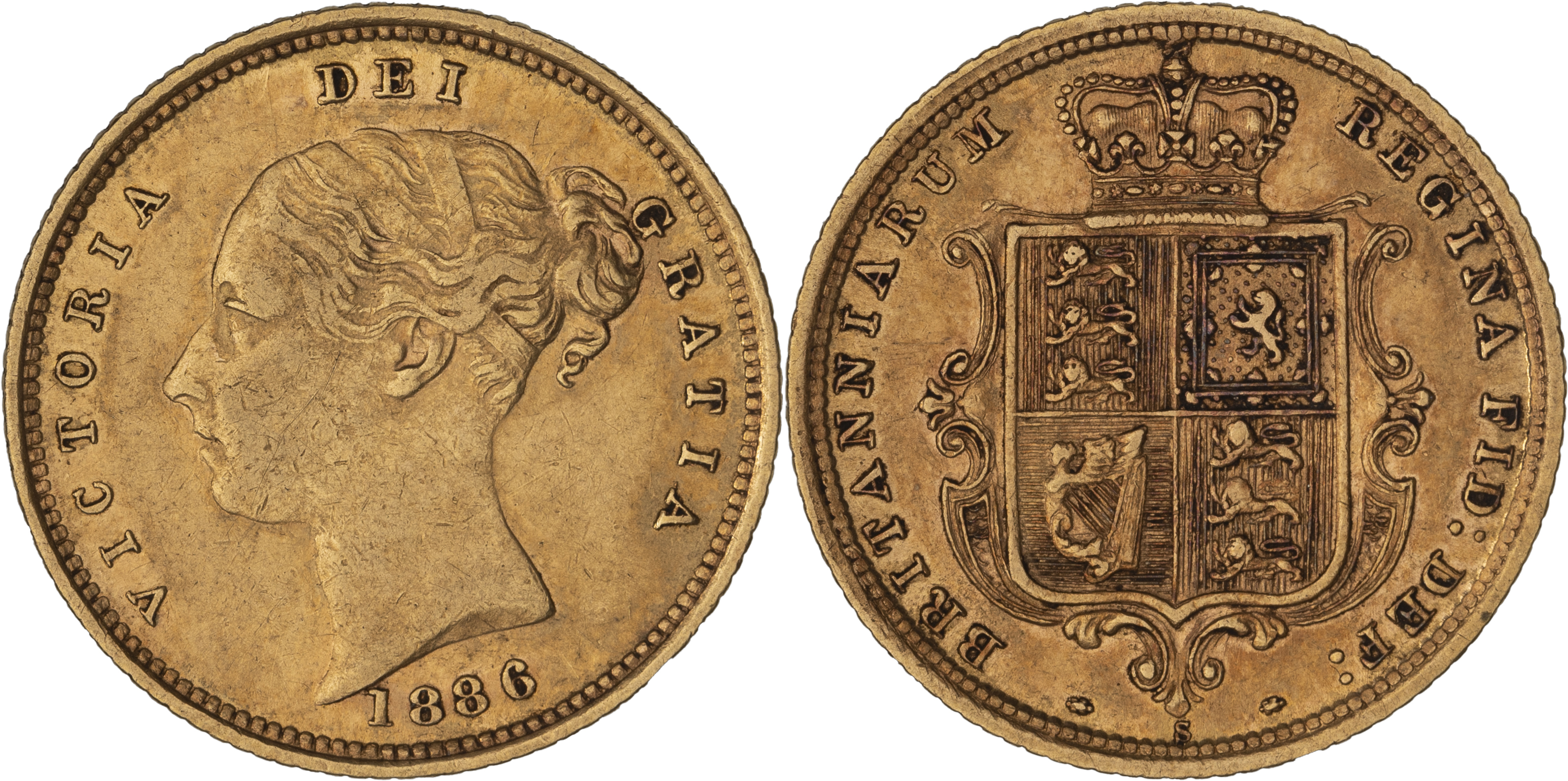 Victoria, Shield Reverse - Young Head, Half Sovereign, 1886-S, VF