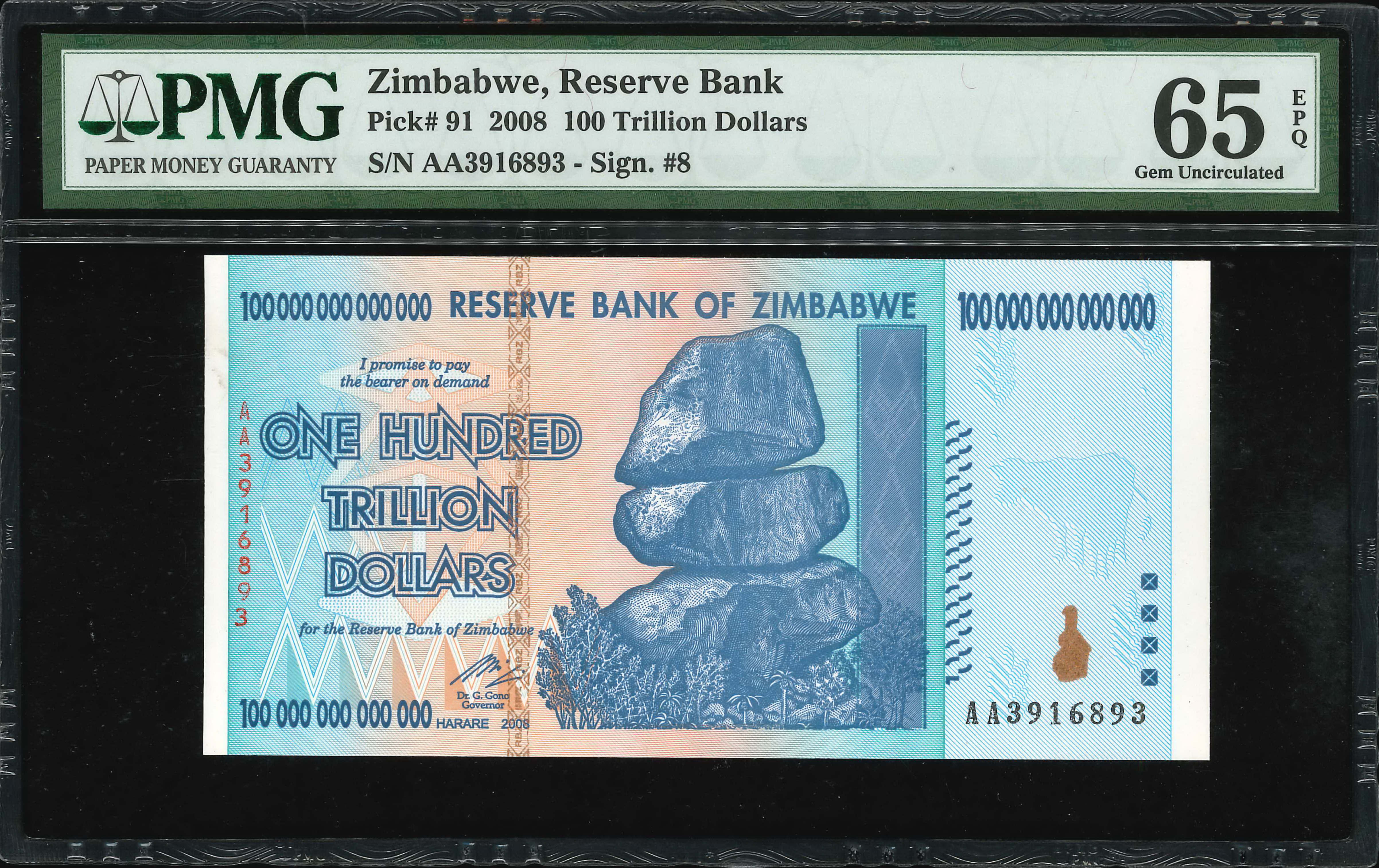 Zimbabwe, 2008, 100 Trillion Dollars, S/N. AA 3916893, PMG 65EPQ 