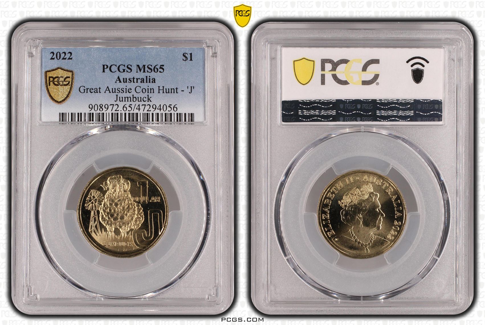 Great Aussie Coin Hunt - 'J', One Dollar, 2022, PCGS MS 65