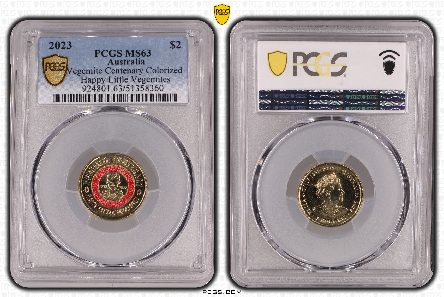 Vegemite Centenary Colorized Happy Little Vegemites, Two Dollar, 2023, PCGS MS63