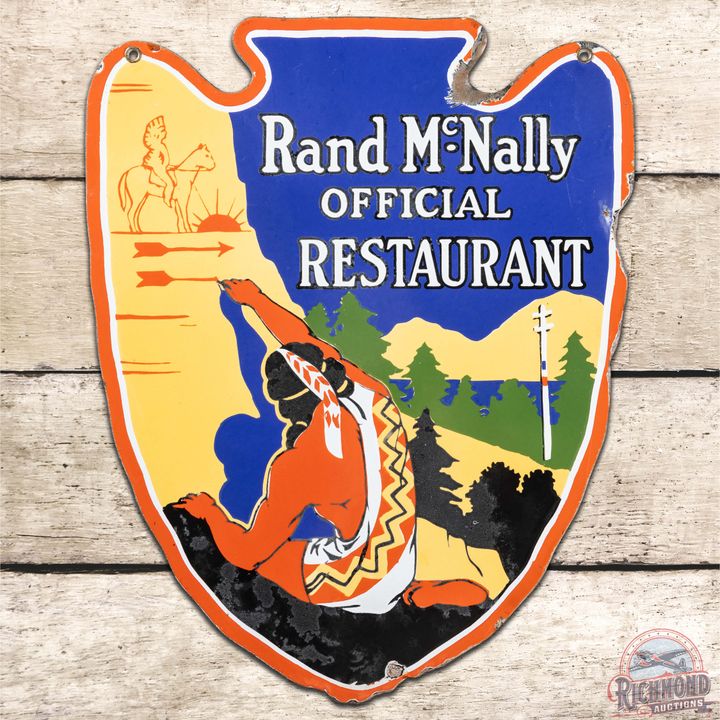 Scarce Rand McNally Official Restaurant Die Cut DS Porcelain Sign w/ Native American
