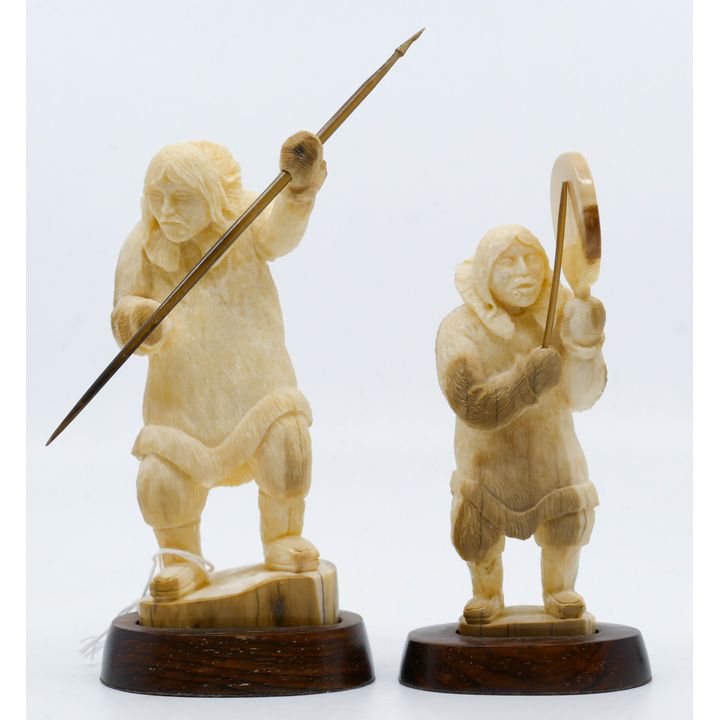Pair Alaskan Inuit Carved Fossilized Eskimos on Stand 5.5'' & 7''