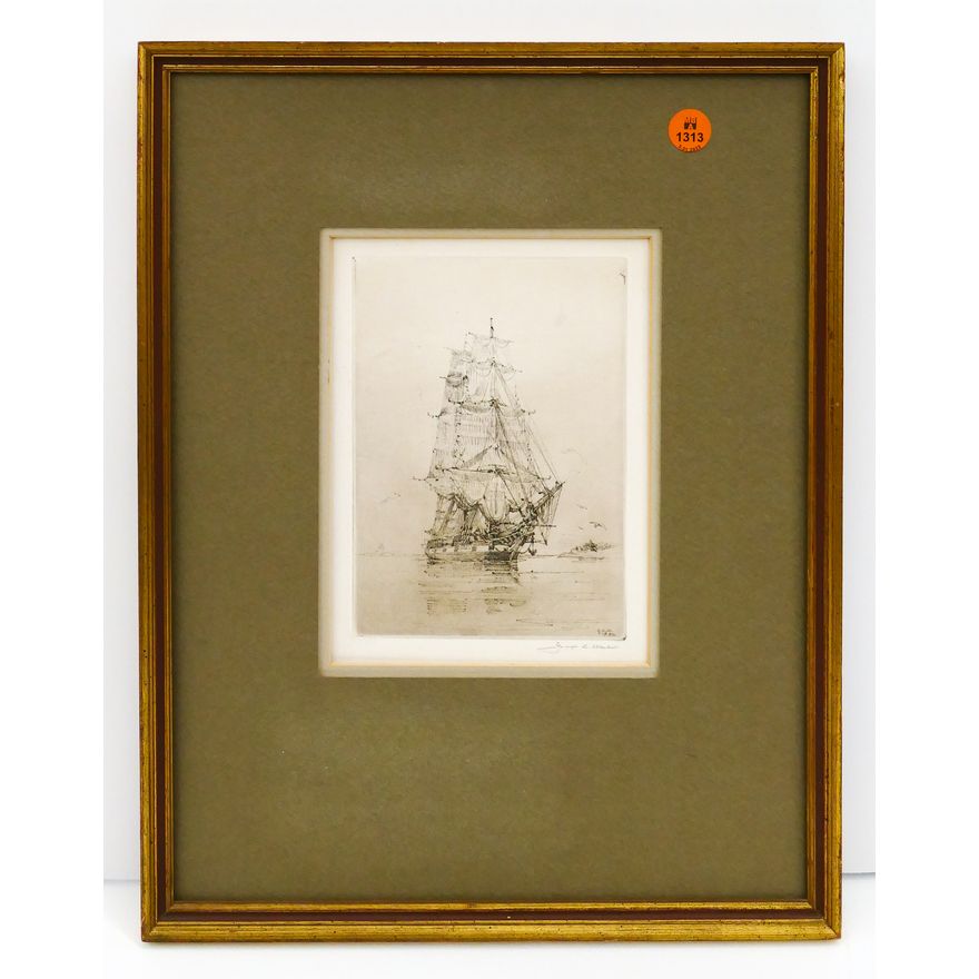 George C. Wales Maritime Schooner Ship Etching Framed- 16x12''
