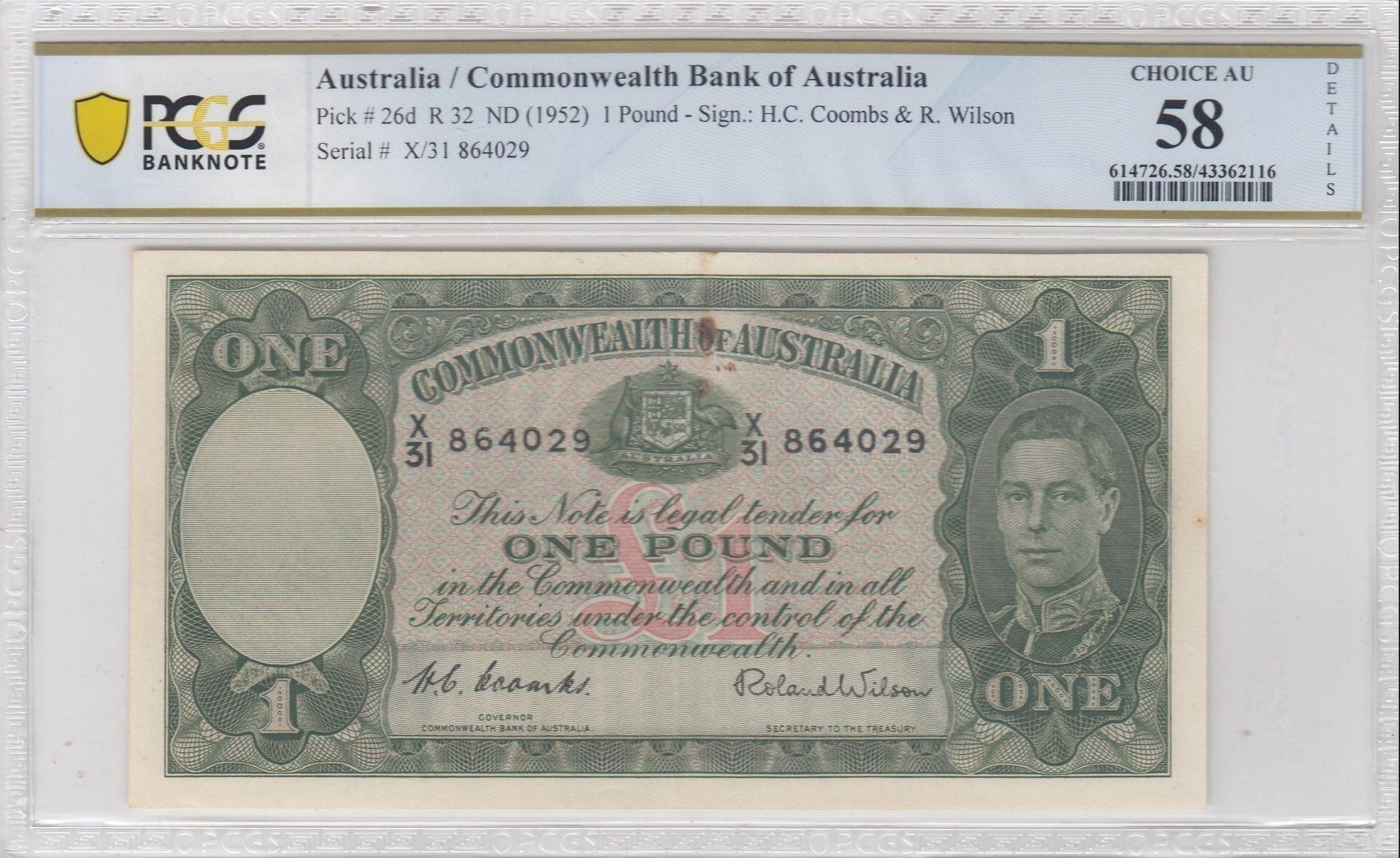 86 · Commonwealth Bank of Australia, Sign.: H.C. Coombs & R. Wilson, 1 Pound, ND (1952), PCGS - Choice AU 58 Details