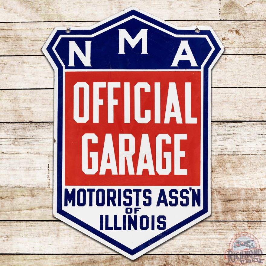 NMA Official Garage Motorists Ass'n of Illinois Die Cut DS Porcelain Sign