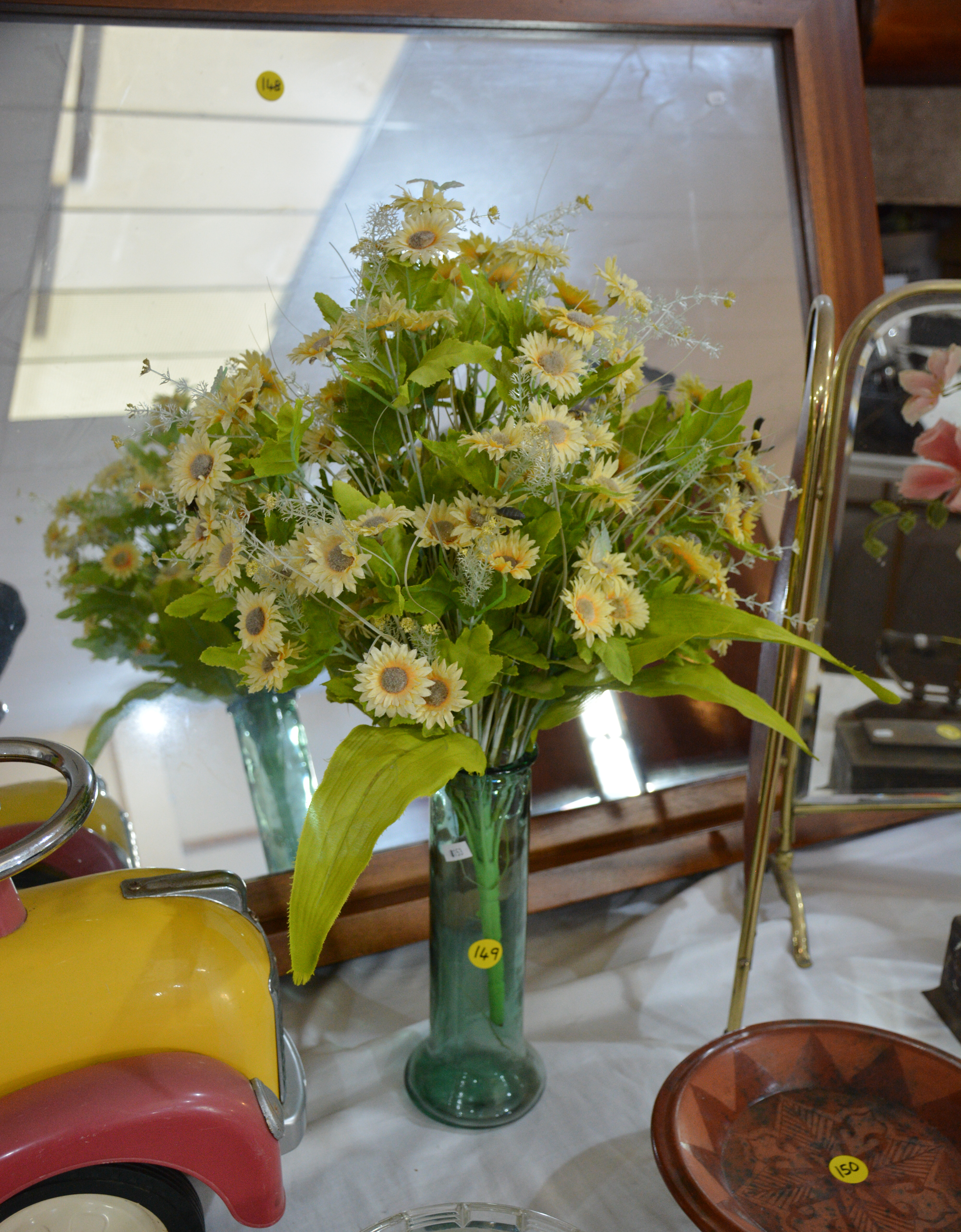 Vintage Green Glass Vase and Faux Flowers — sold at auction in New Zealand for $20