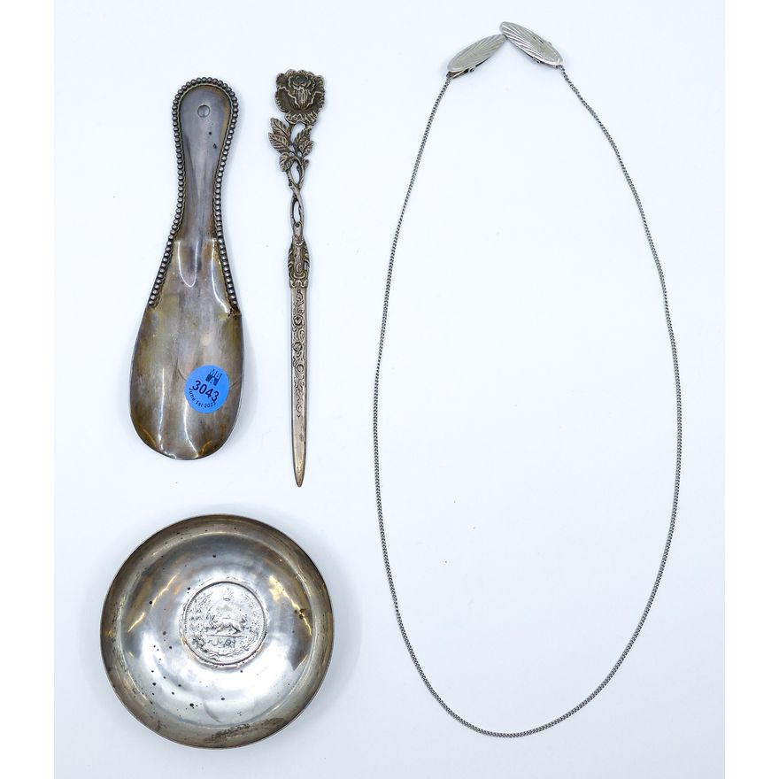 3pc Persian Silver Coin Dish, .835 Floral Letter Opener, etc.