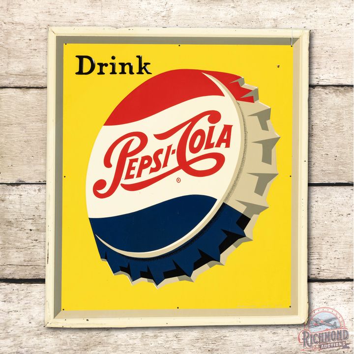 Drink Pepsi Cola w/ Bottle Cap Embossed Tin Sign