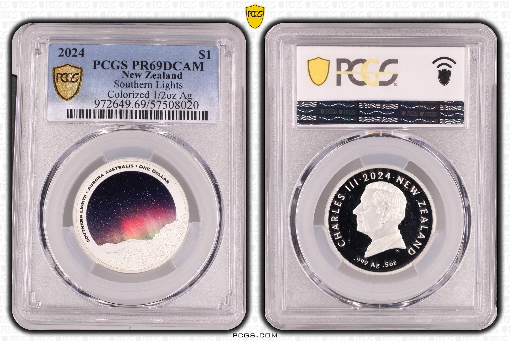 New Zealand , Charles III, Southern Lights Colourised 1/2oz Silver, One Dollar, 2024, PCGS PR69DCAM