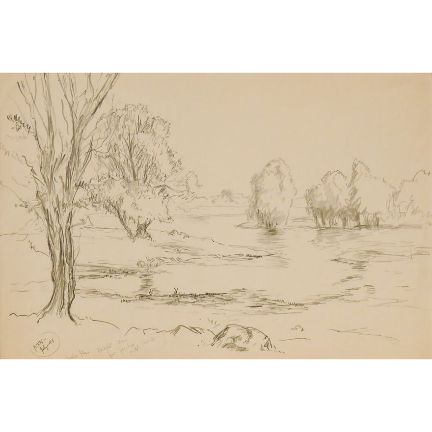 Melville Wire ''River and Trees'' 1948 Graphite Drawing Matted 18''x24''