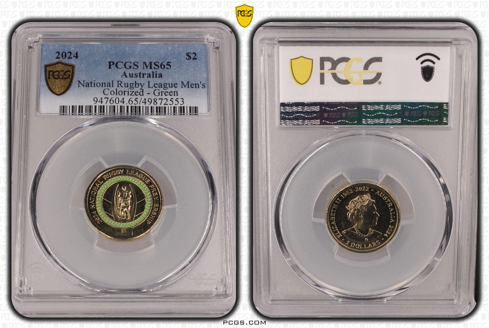 National Rugby League Men's Colourised - Green, Two Dollar, 2024, PCGS MS65