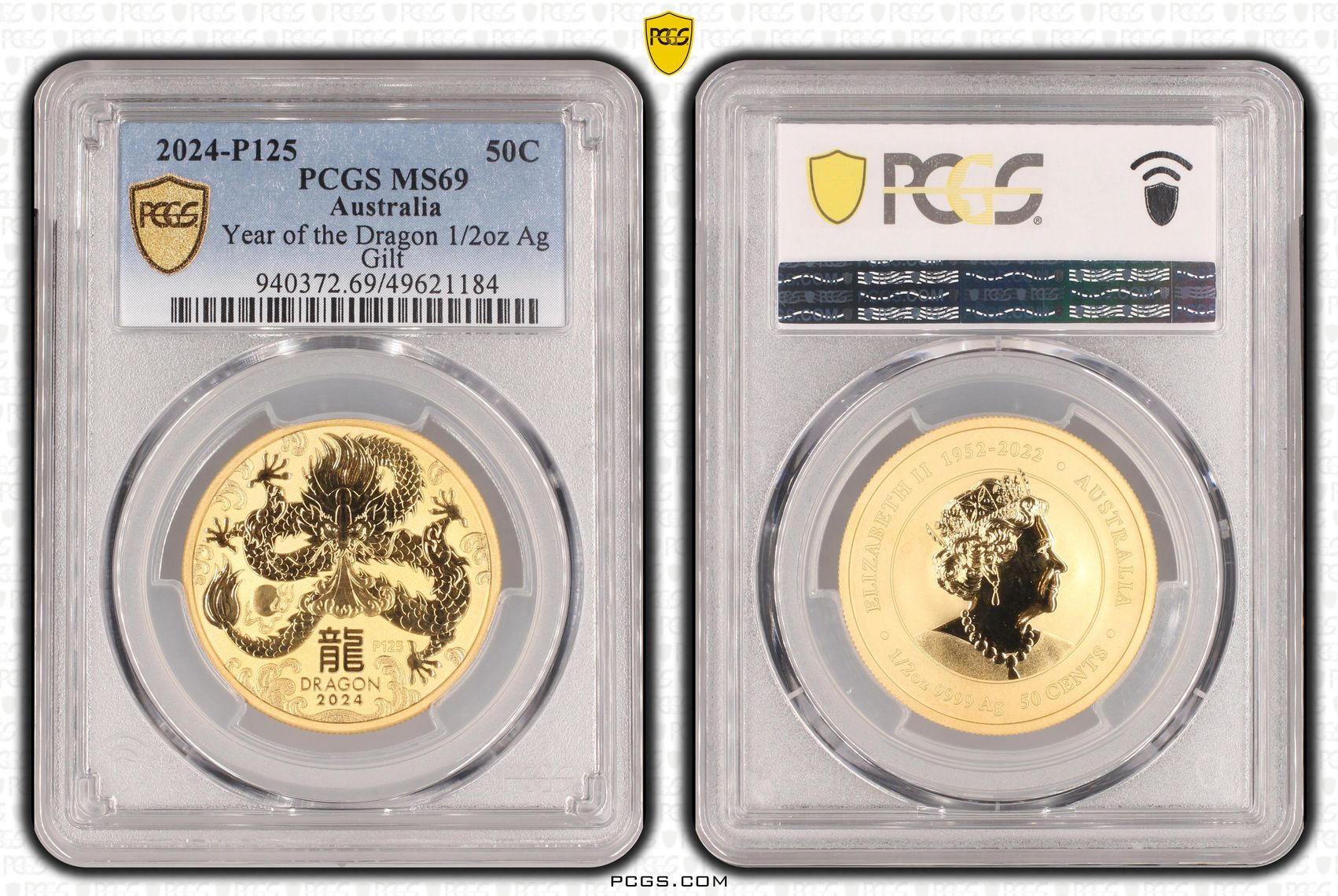 Year of the Dragon 1/2oz Ag Gilt , Fifty Cent, 2024-P125, PCGS MS69