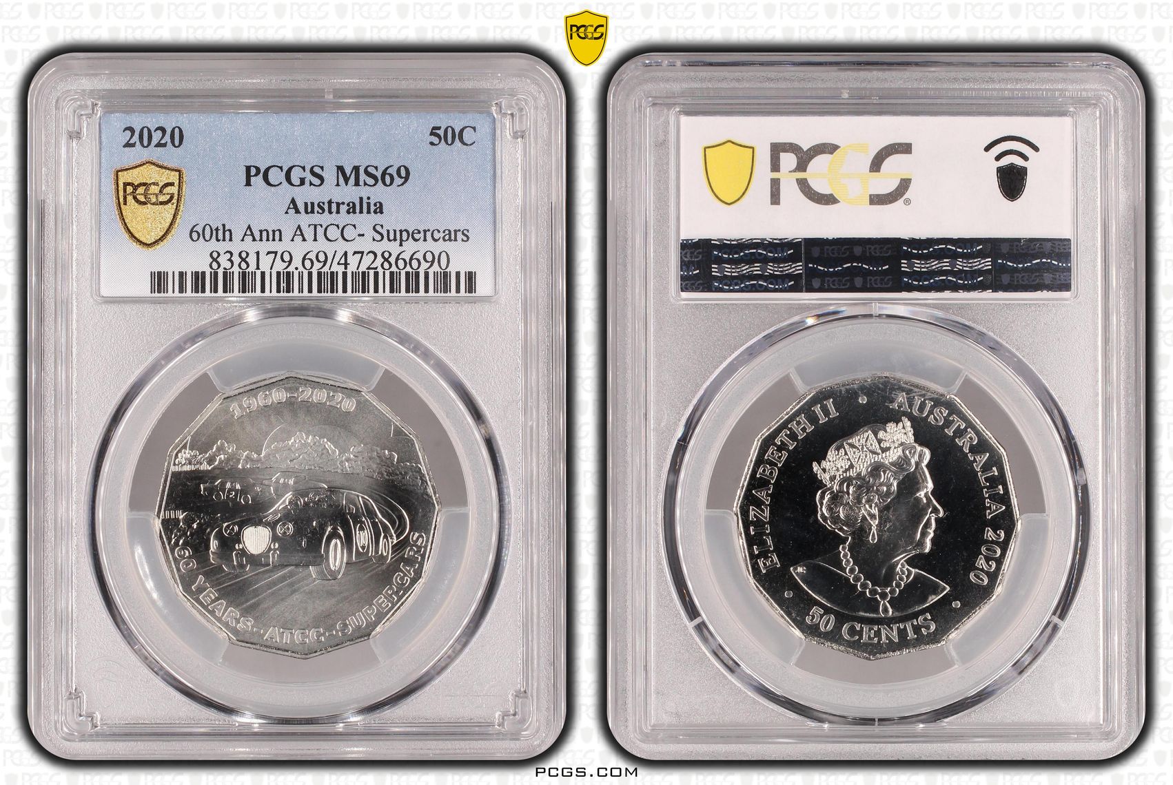 Elizabeth II, 60th Ann ATCC- Supercars, Fifty Cent, 2020, PCGS MS69