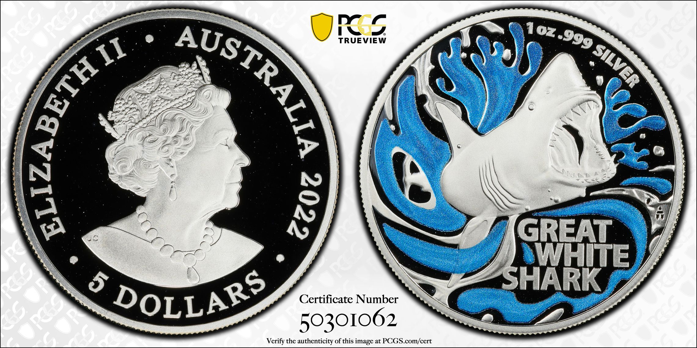 Elizabeth II, Great White Shark Colorized POP 9/0, Five Dollar, 2022, PCGS PR70DCAM