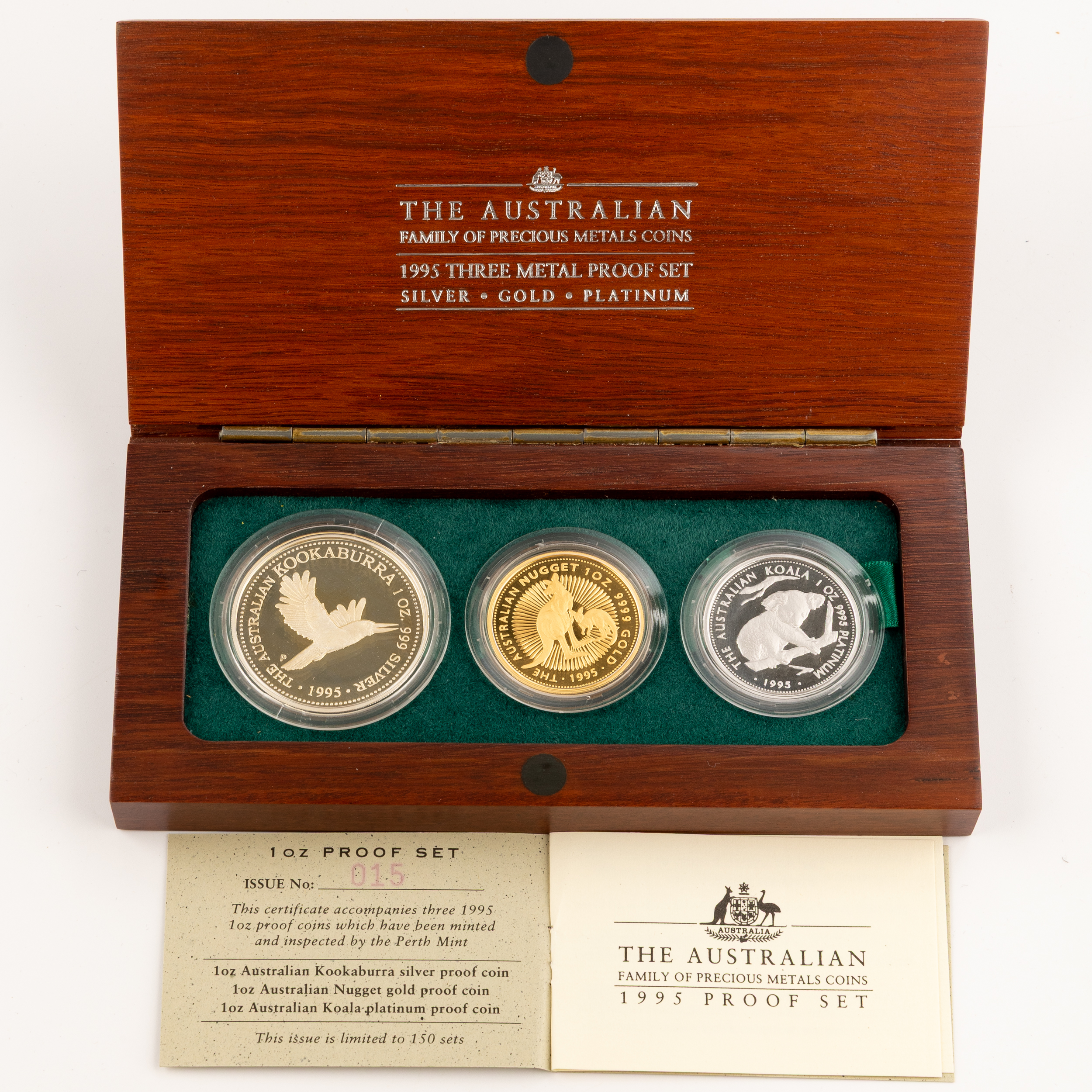 Elizabeth II, Three Metal Proof Set, Silver, Gold, Platinum, One Dollar - One Hundred Dollars, 1995, FDC