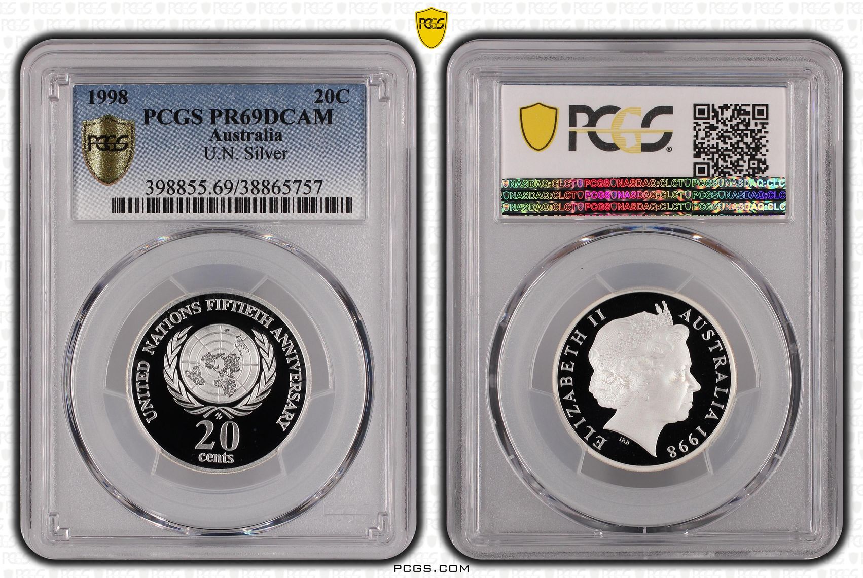 United Nations 50th Ann. Ag , Twenty Cent, 1998, PCGS PR69DCAM