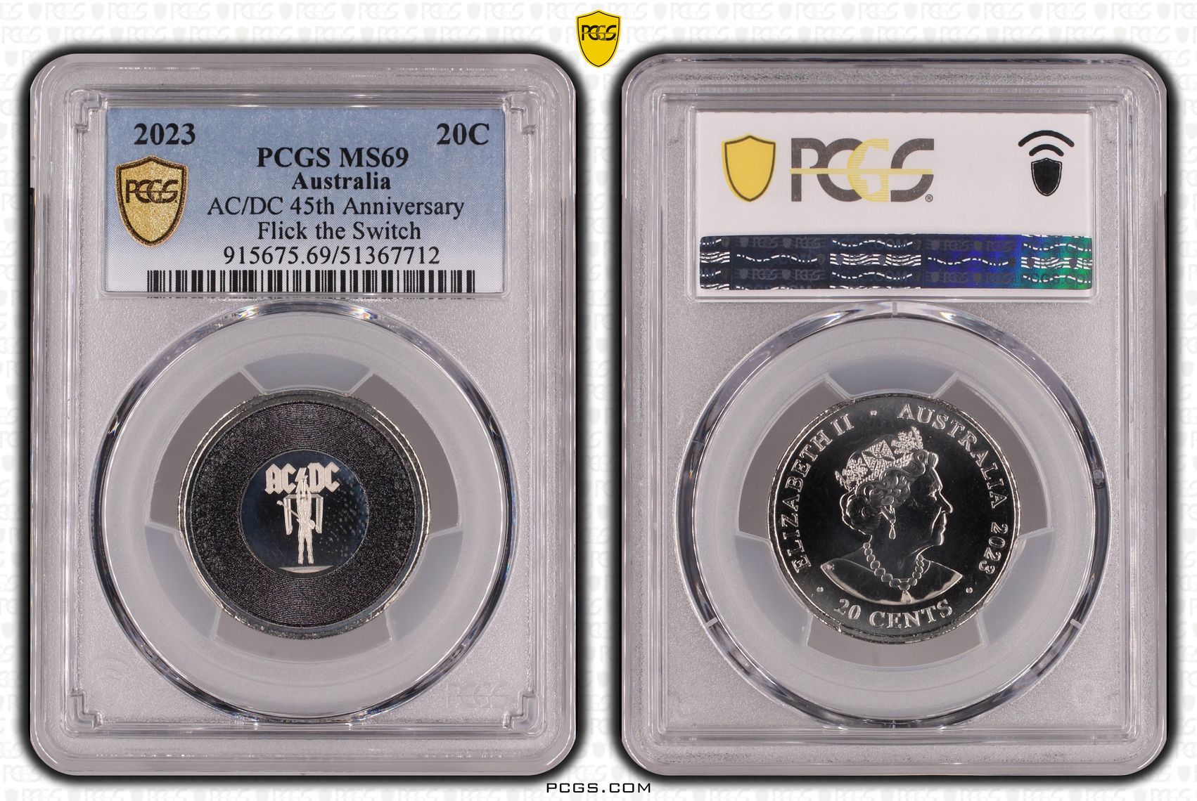 AC/DC 45th Anniversary - Flick the Switch, Twenty Cent, 2023, PCGS MS69