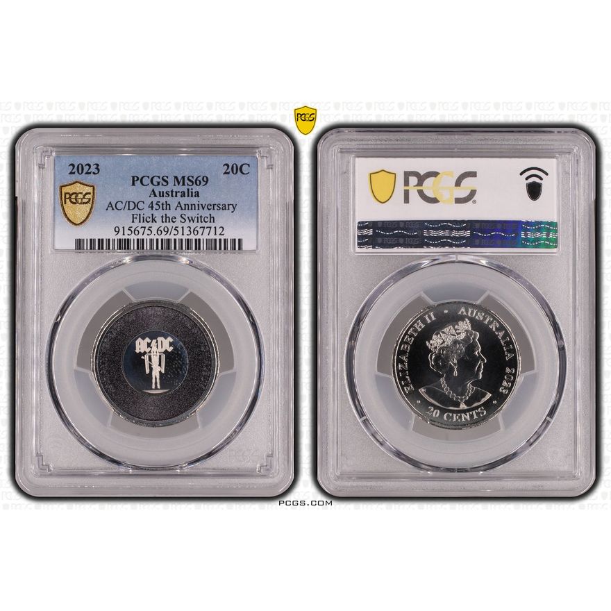 AC/DC 45th Anniversary - Flick the Switch, Twenty Cent, 2023, PCGS MS69