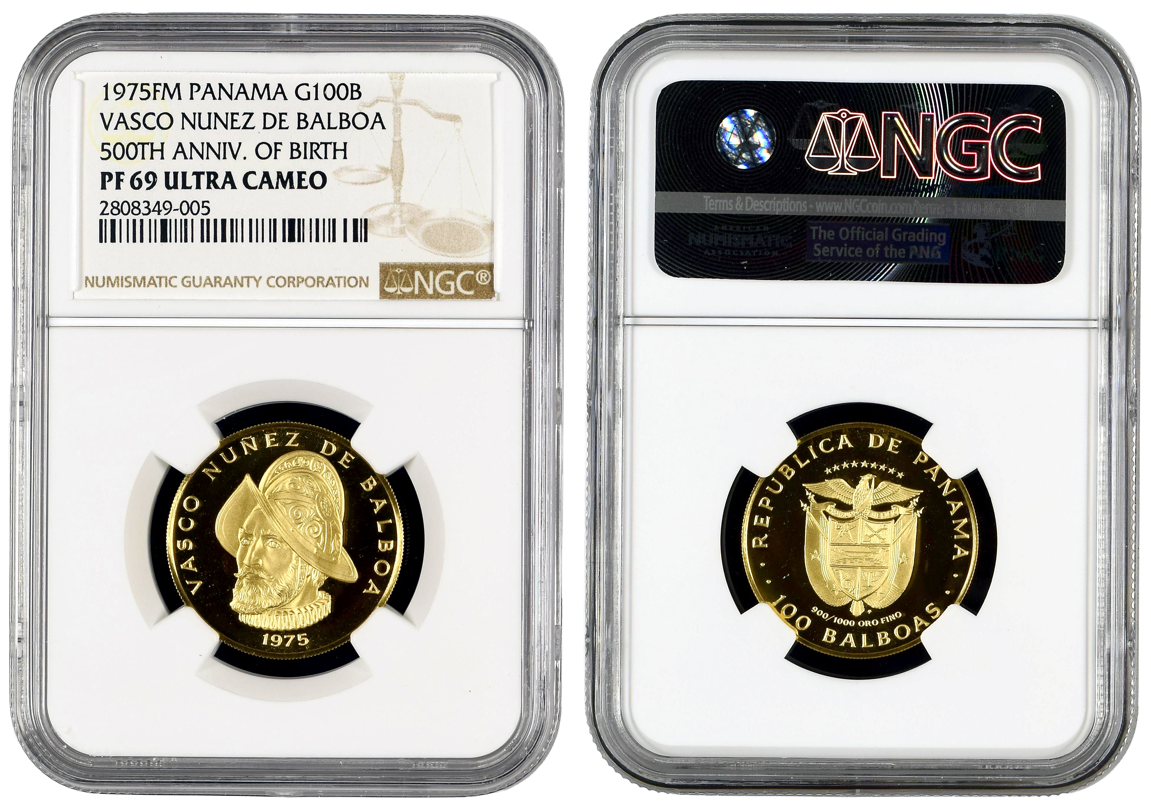 Panama, Vasco Nunez De Balboa, 500TH Anniversary of Birth, One Hundred Balboas, 1975-FM, NGC PF69 ULTRA CAMEO