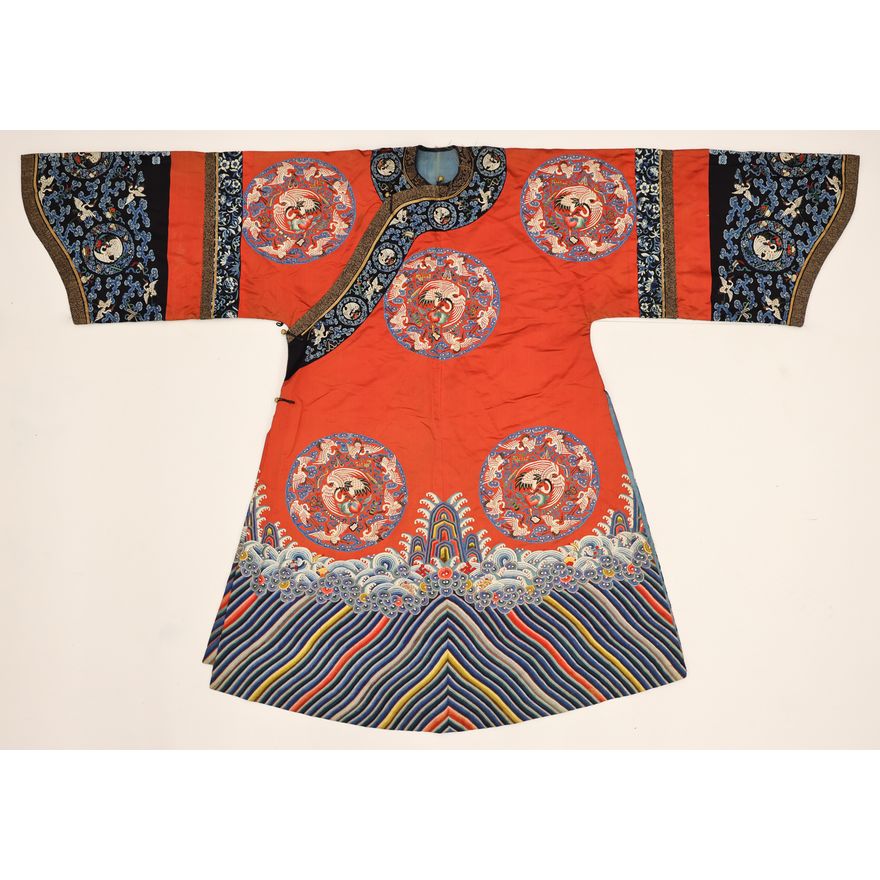 Chinese Red Silk Embroidered Crane Robe