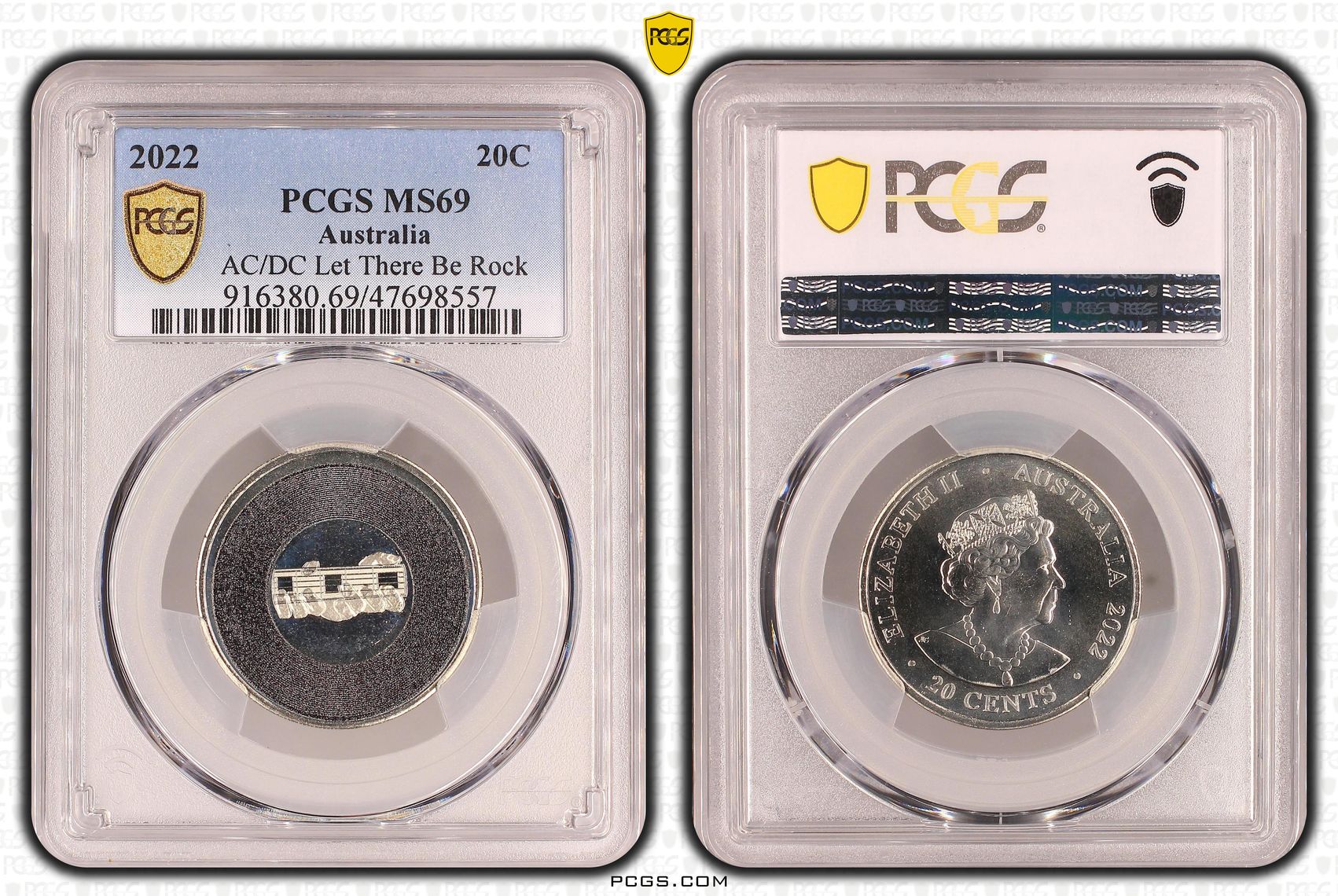 Elizabeth II, AC/DC Let There Be Rock, Twenty Cent, 2022, PCGS MS69