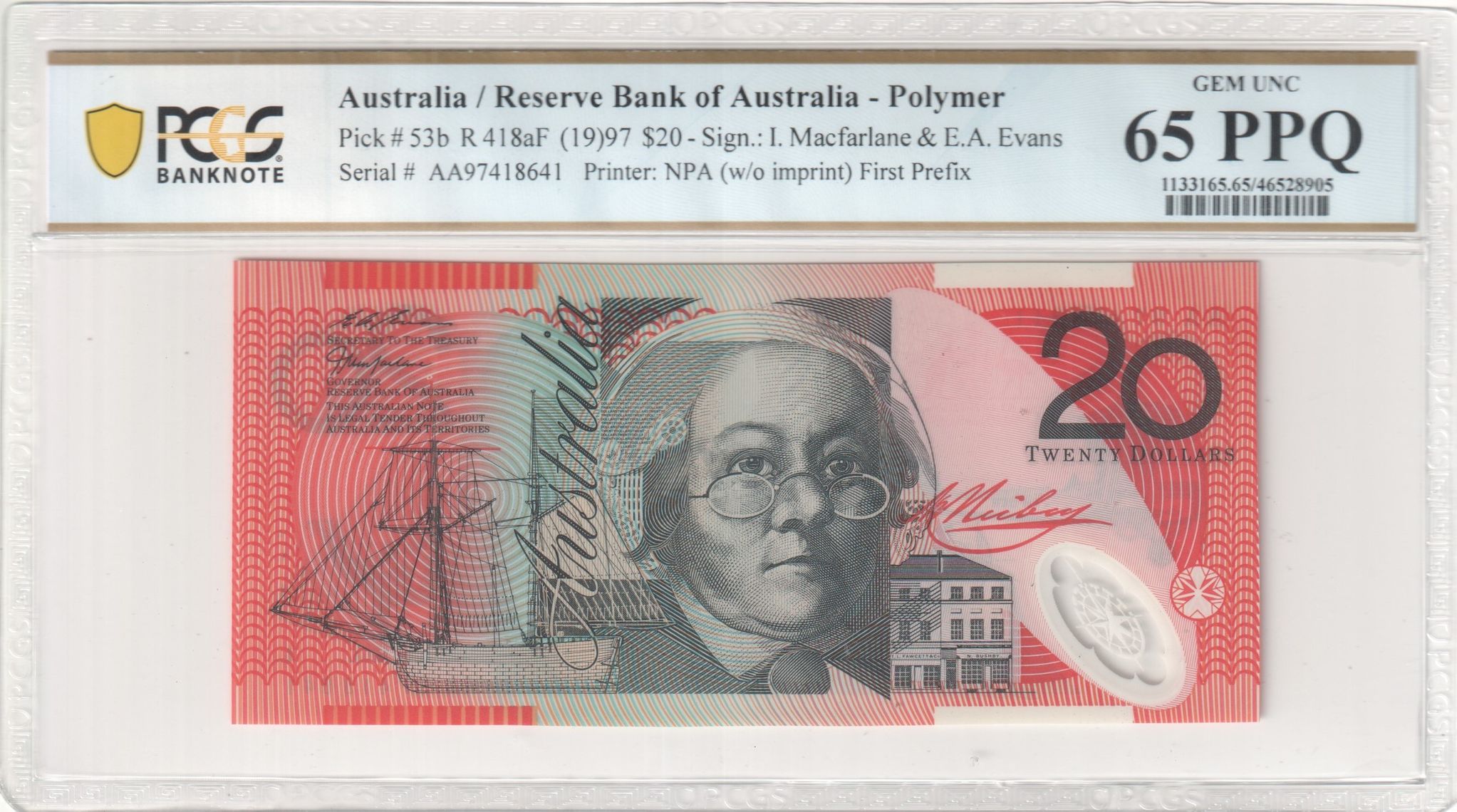 Macfarlane/Evans, First Prefix, Twenty Dollars, 1997, PCGS Gem UNC 65 PPQ