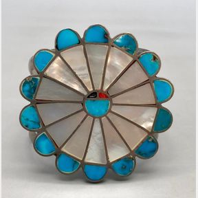 Vintage Turquoise And Mother Of Pearl Inlay Bracelet