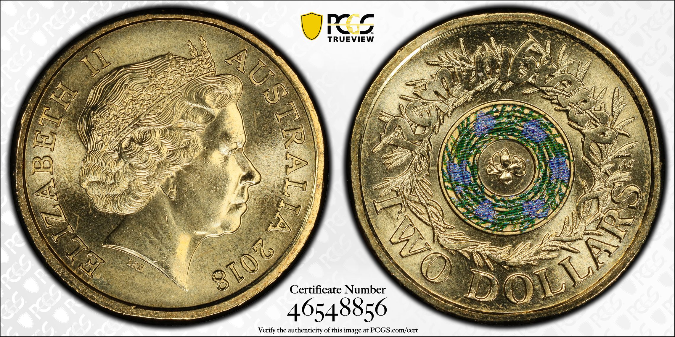 477 · Elizabeth II, Remembrance Day Rosemary 30th Ann. $2 Coin Colorized , Two Dollar, 2018, PCGS MS66