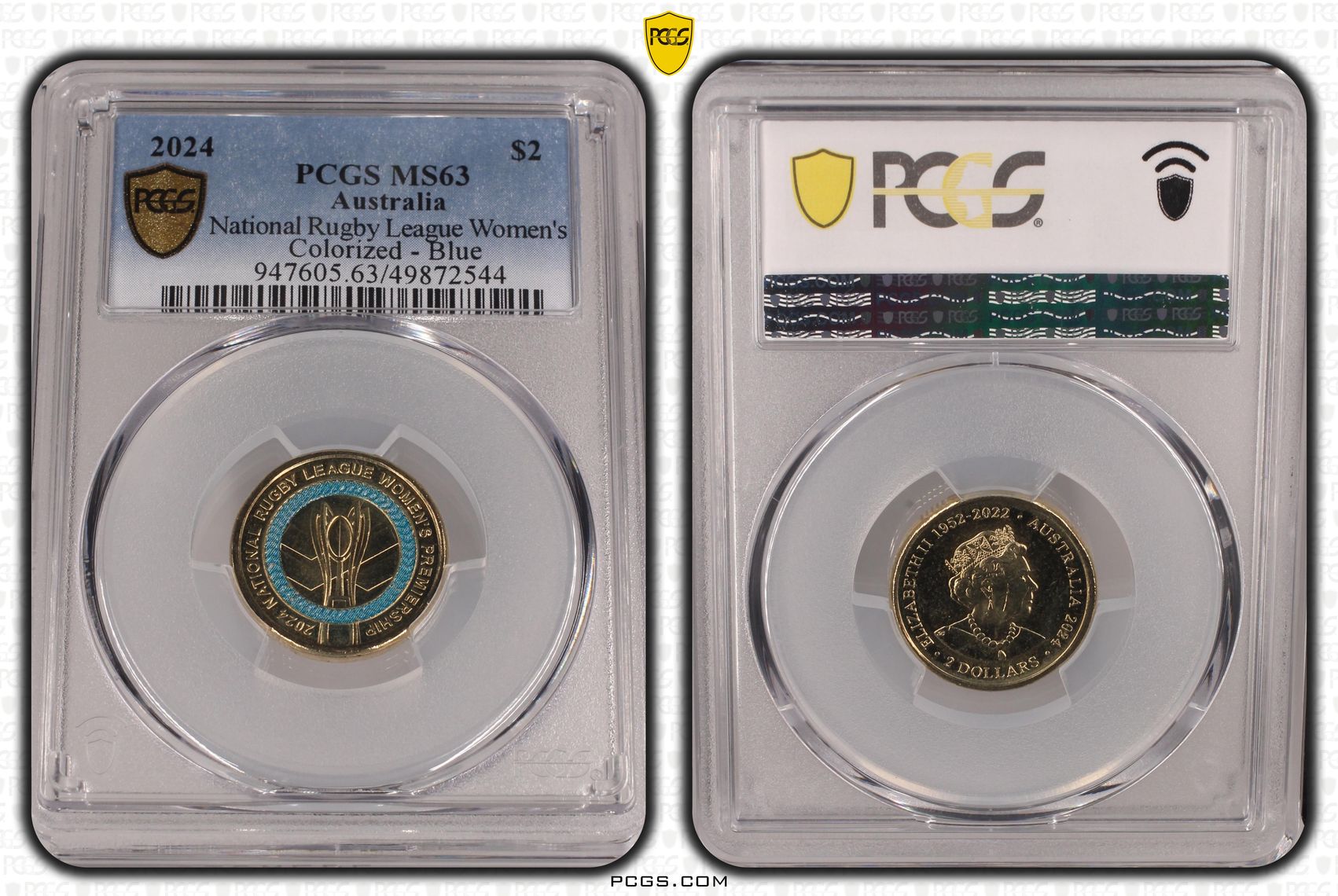 Elizabeth II, National Rugby League Women's Colorized - Blue , Two Dollar, 2024, PCGS MS63
