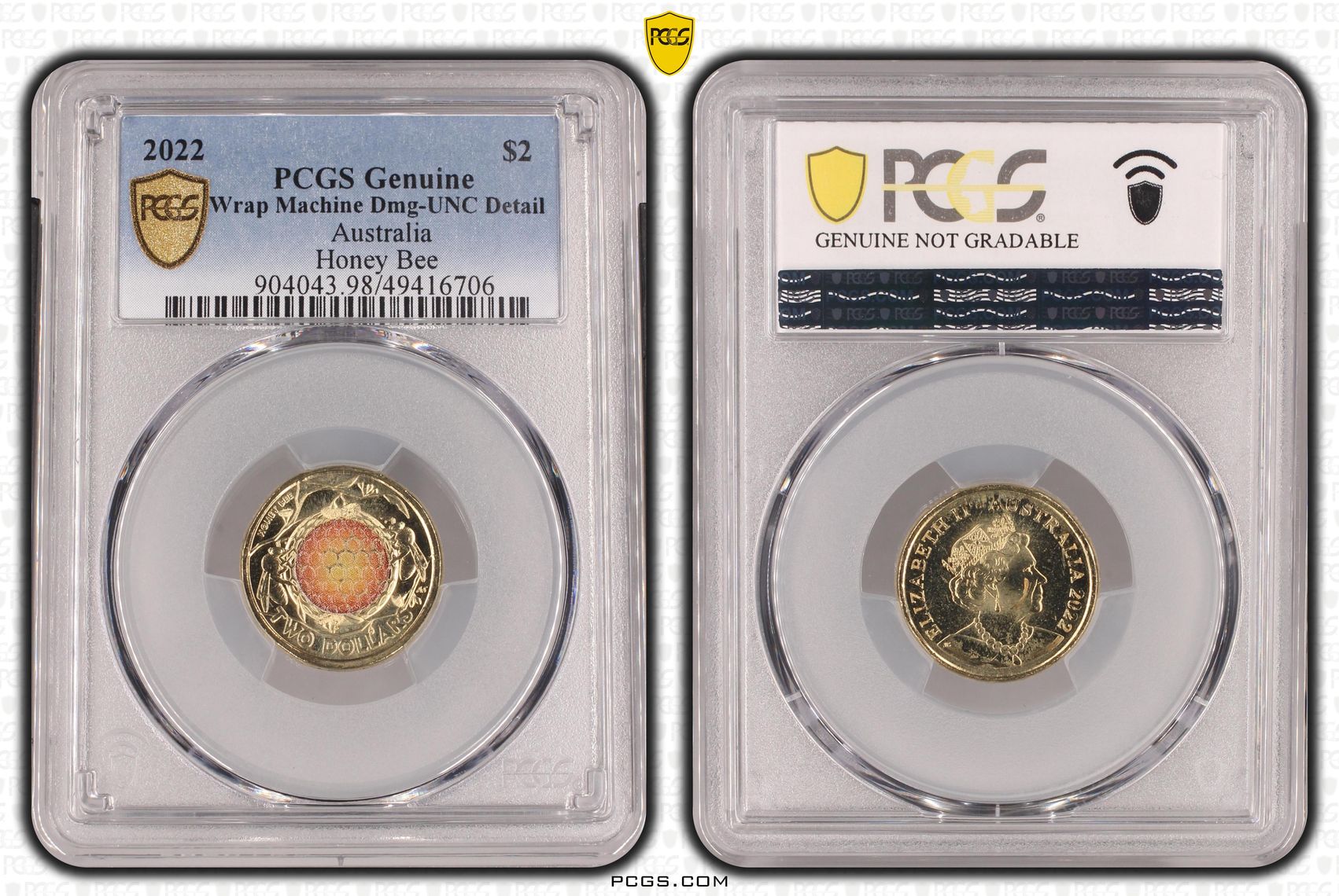 Honey Bee Colorized, Two Dollar, 2022, PCGS Genuine - UNC Details (98 - Damage)