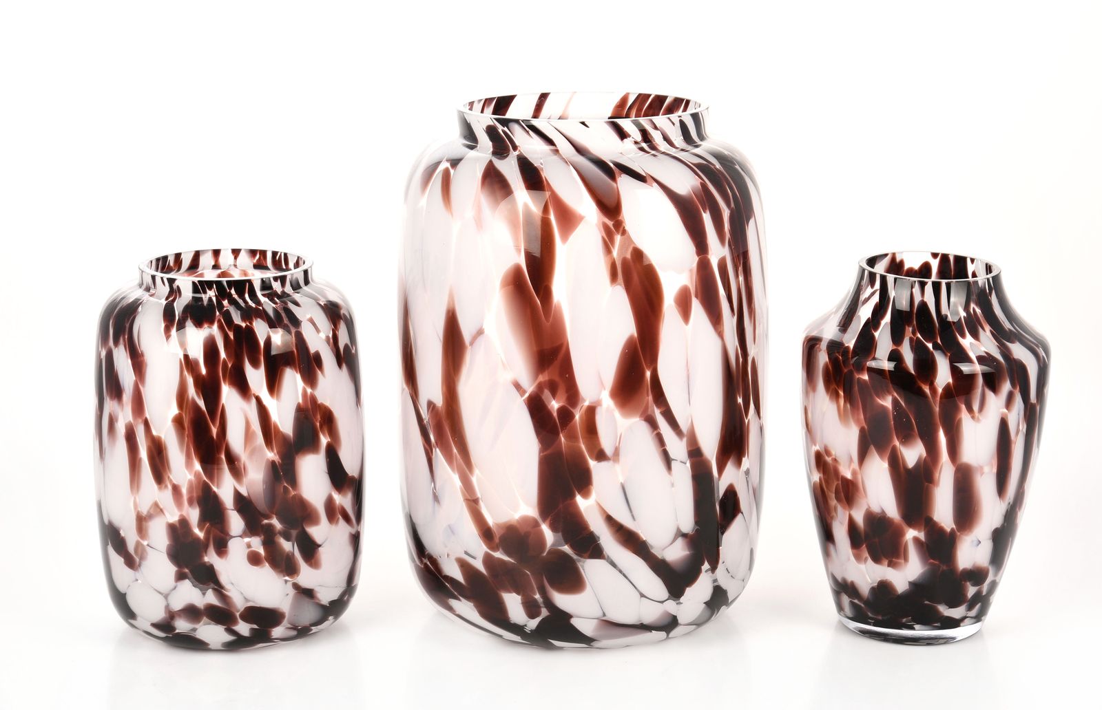 Three brown & white decorative glass vases of sizes 36cm Largest & 25cm
