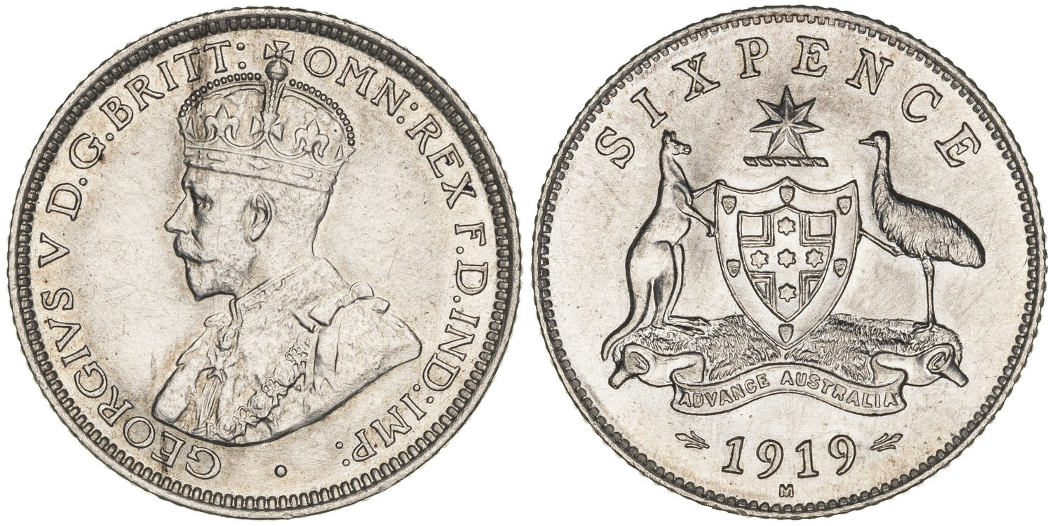 George V, Sixpence, 1919-M, UNC