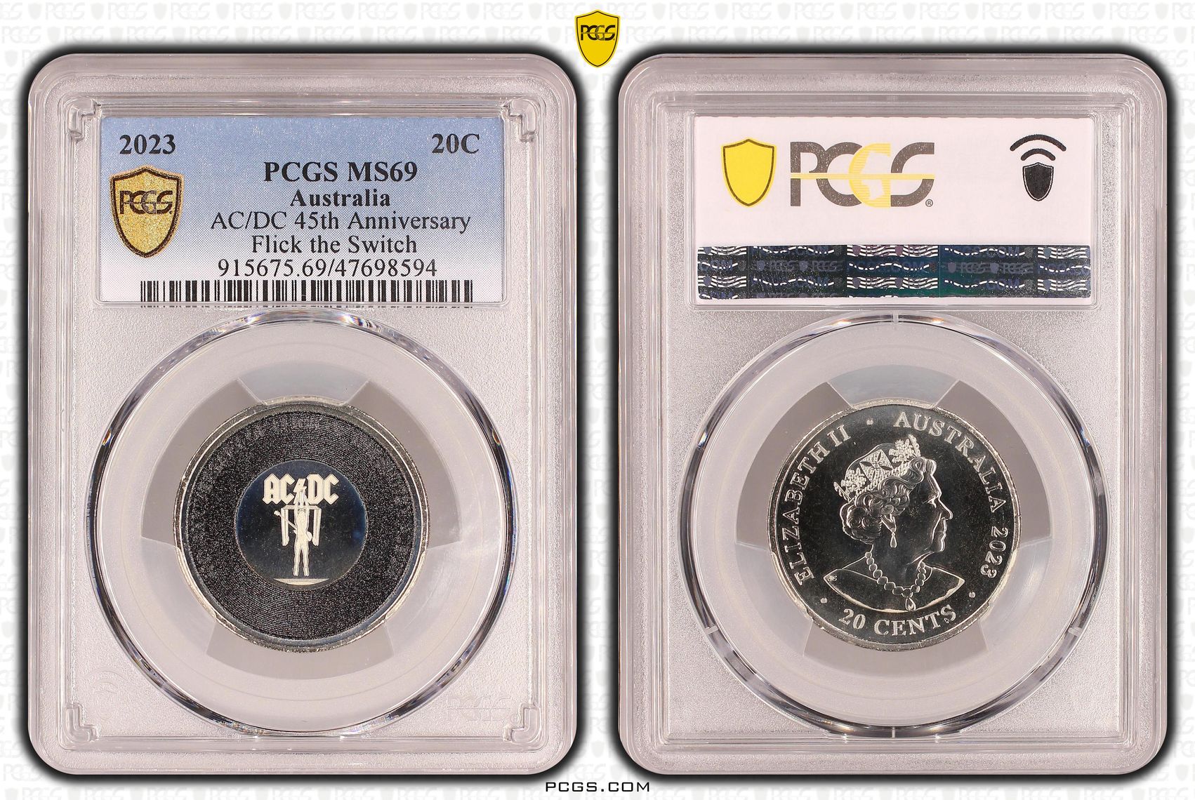 AC/DC 45th Anniversary - Flick the Switch, Twenty Cent, 2023, PCGS MS69