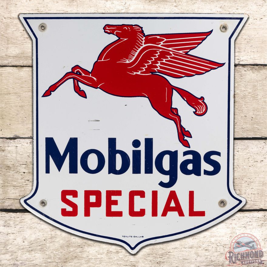 Mobilgas Special Gasoline Single Sided Porcelain Pump Plate Sign w/ Pegasus