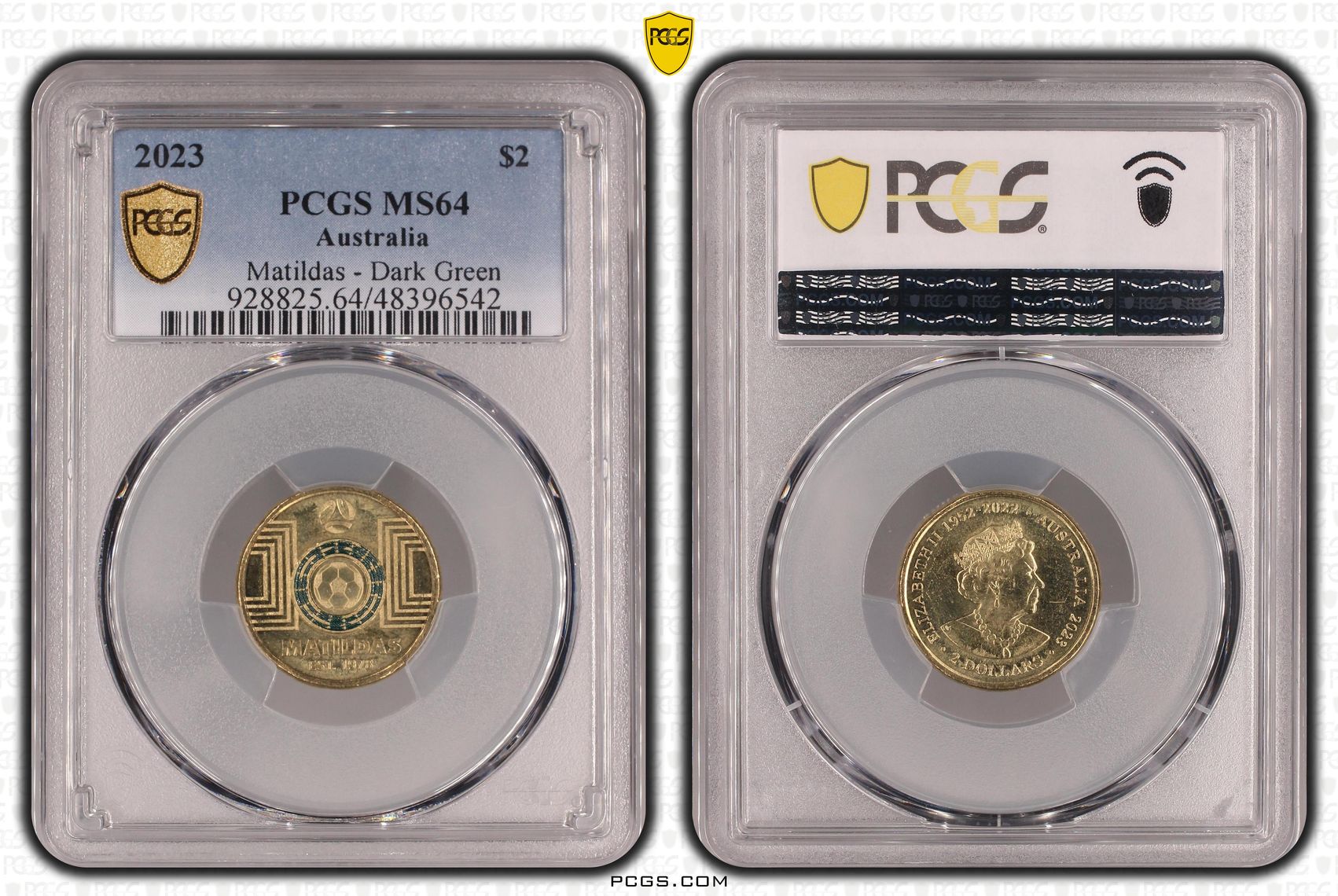 Elizabeth II, Matildas - Dark Green, Two Dollar, 2023, PCGS MS64