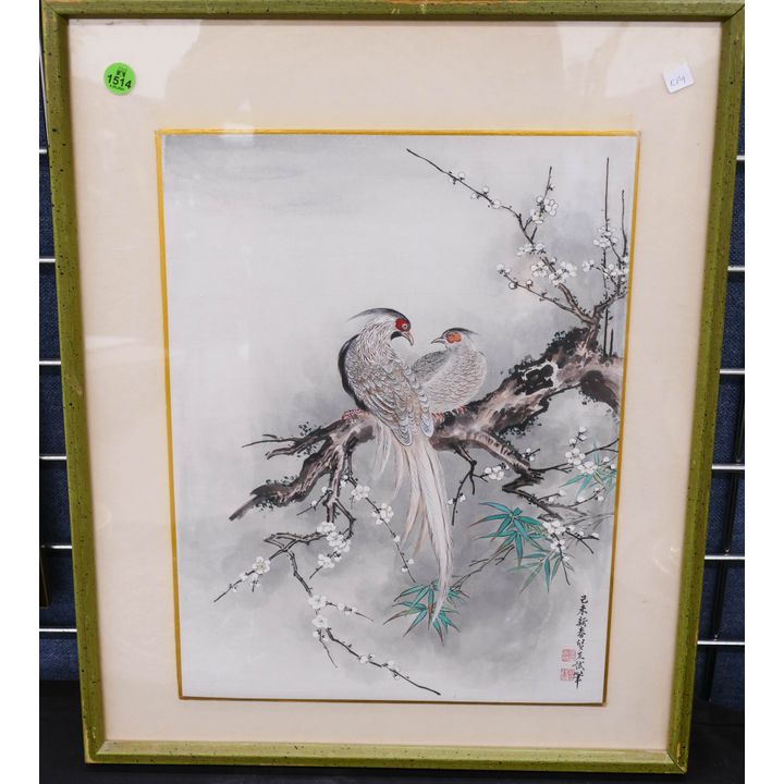 Japanese Pheasants Shikishi Board Painting Framed- 21x17''